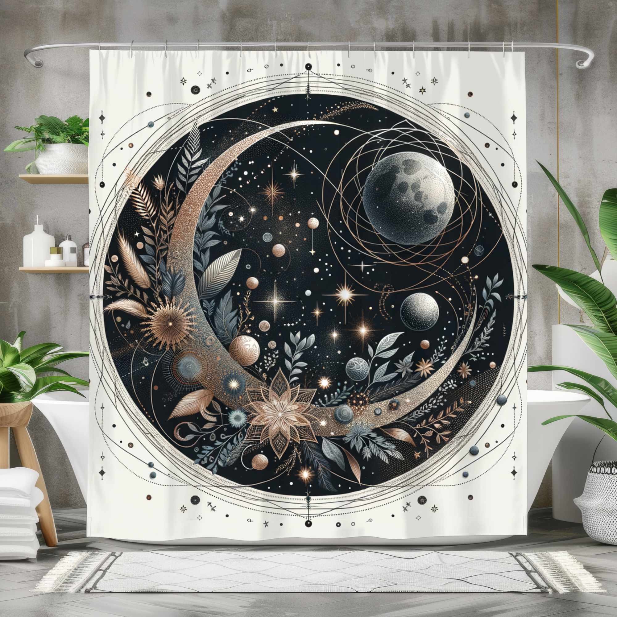 Mystic Moon Orbit Garden – Celestial Boho Shower Curtain