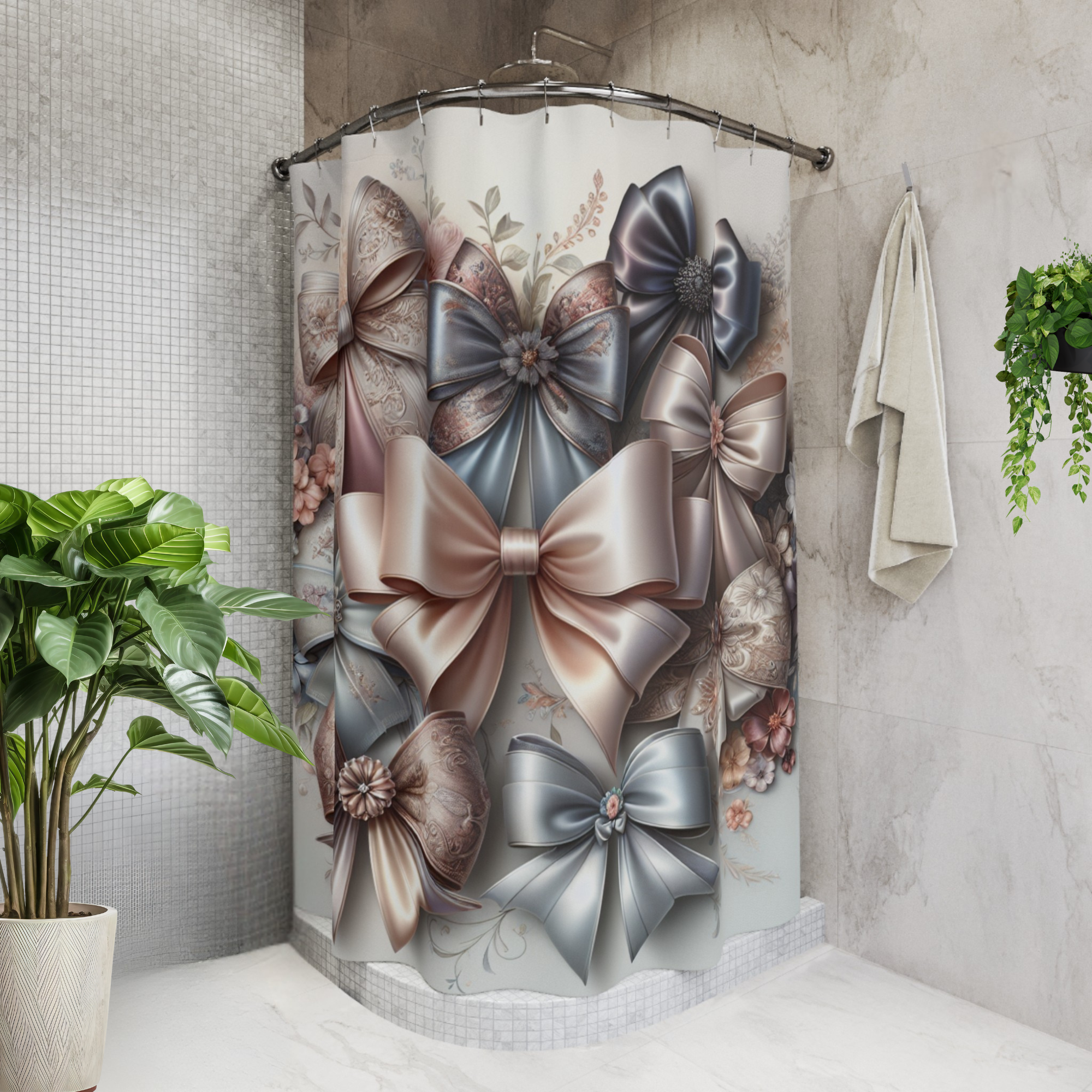 Blush and Blue Satin Bows – Vintage Ribbon Shower Curtain