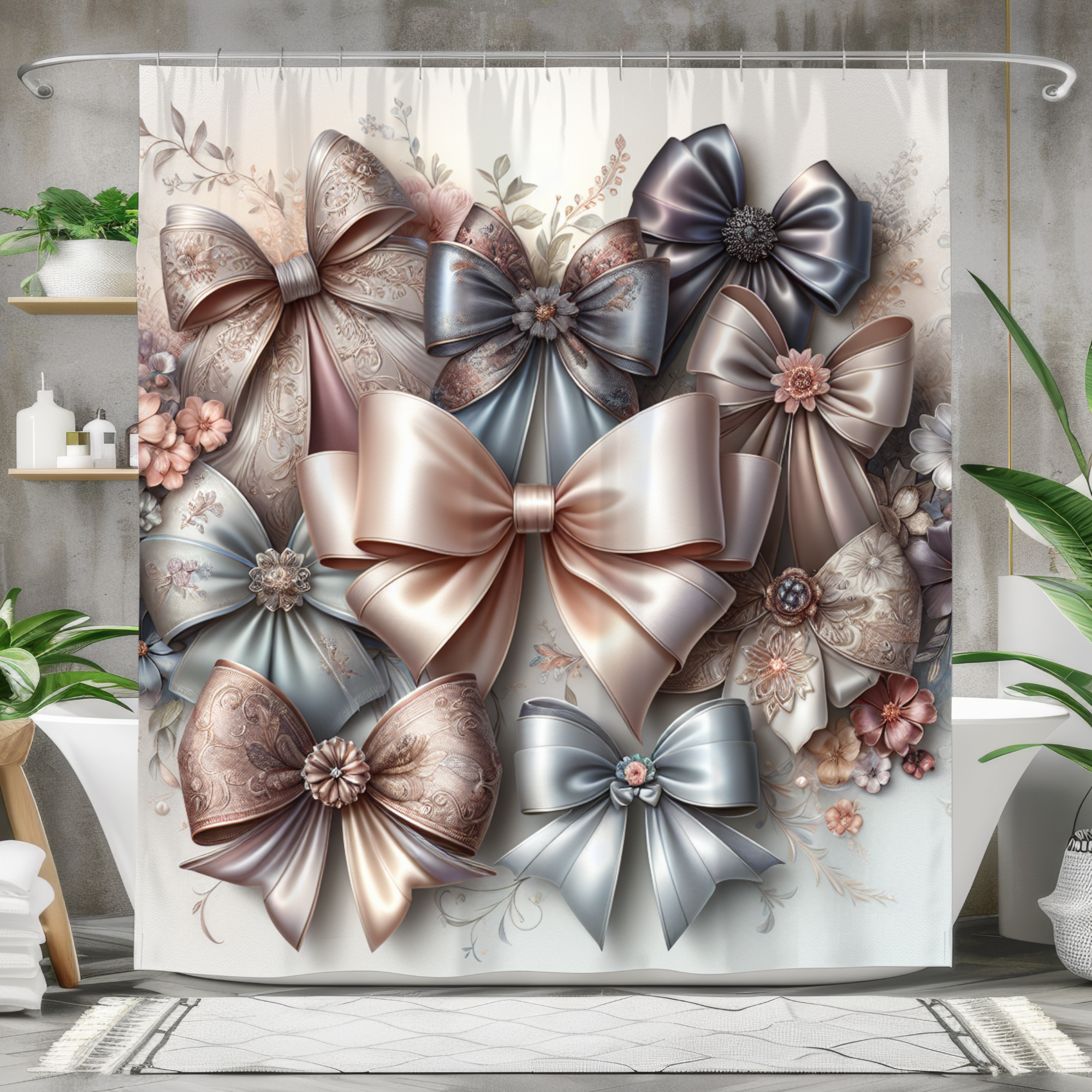 Blush and Blue Satin Bows – Vintage Ribbon Shower Curtain