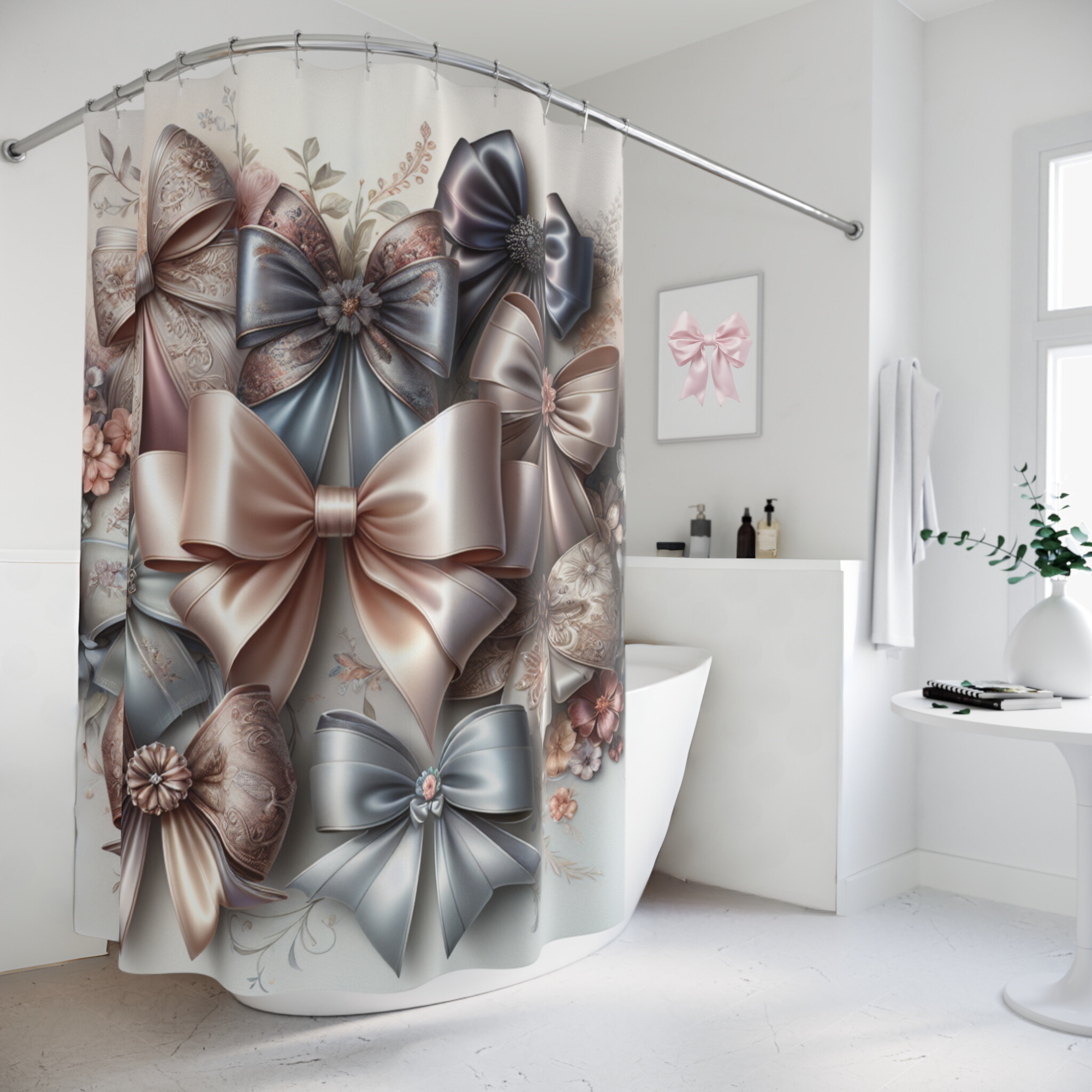 Blush and Blue Satin Bows – Vintage Ribbon Shower Curtain