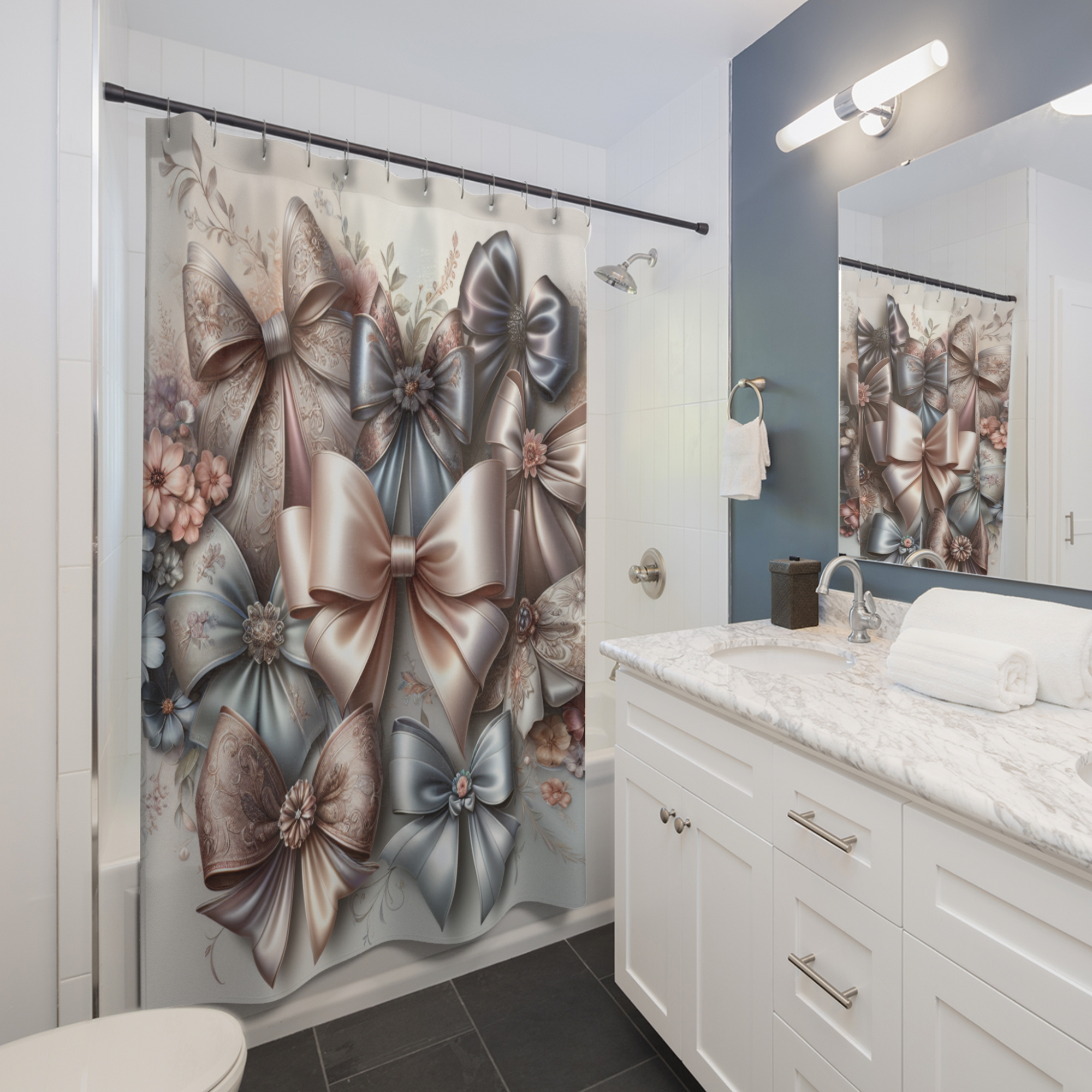 Blush and Blue Satin Bows – Vintage Ribbon Shower Curtain