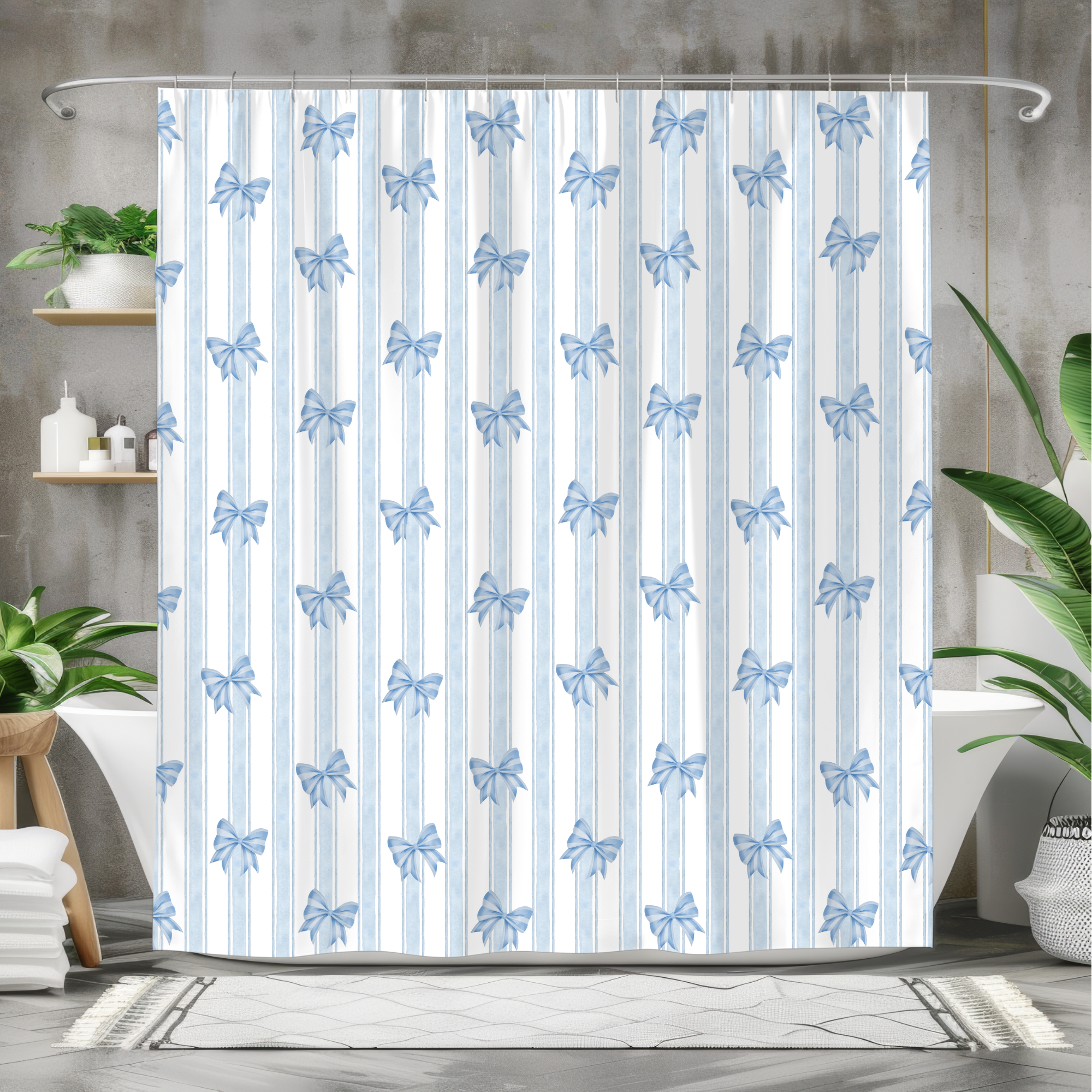 French Blue Stripes and Bows – Elegant Ribbon Shower Curtain