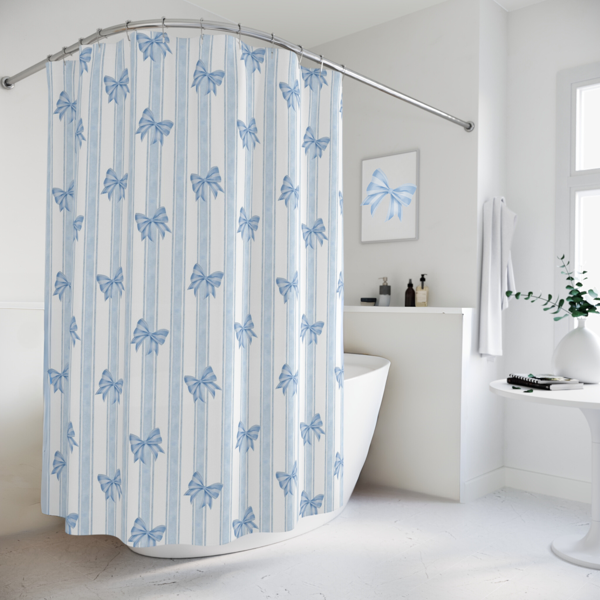 French Blue Stripes and Bows – Elegant Ribbon Shower Curtain