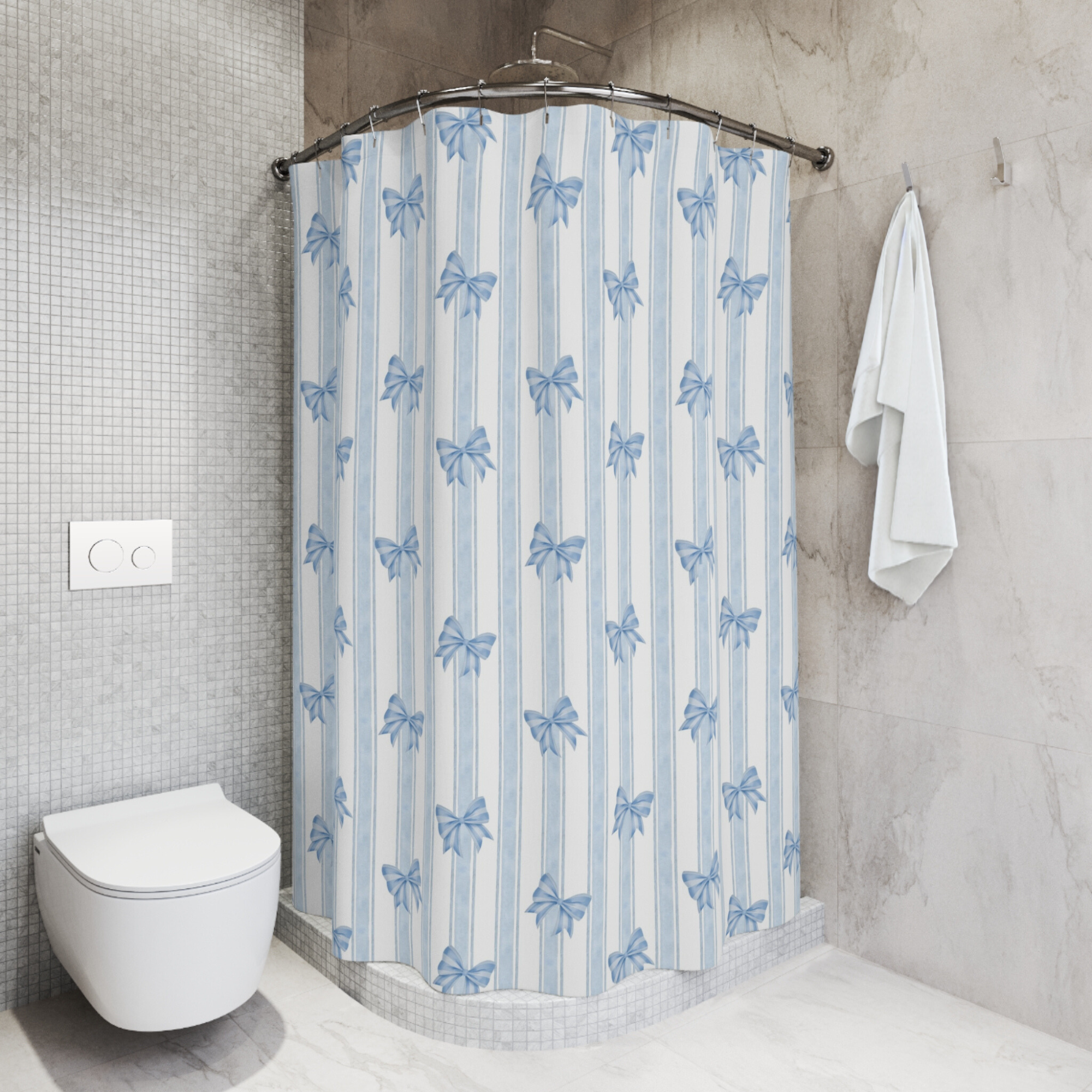 French Blue Stripes and Bows – Elegant Ribbon Shower Curtain