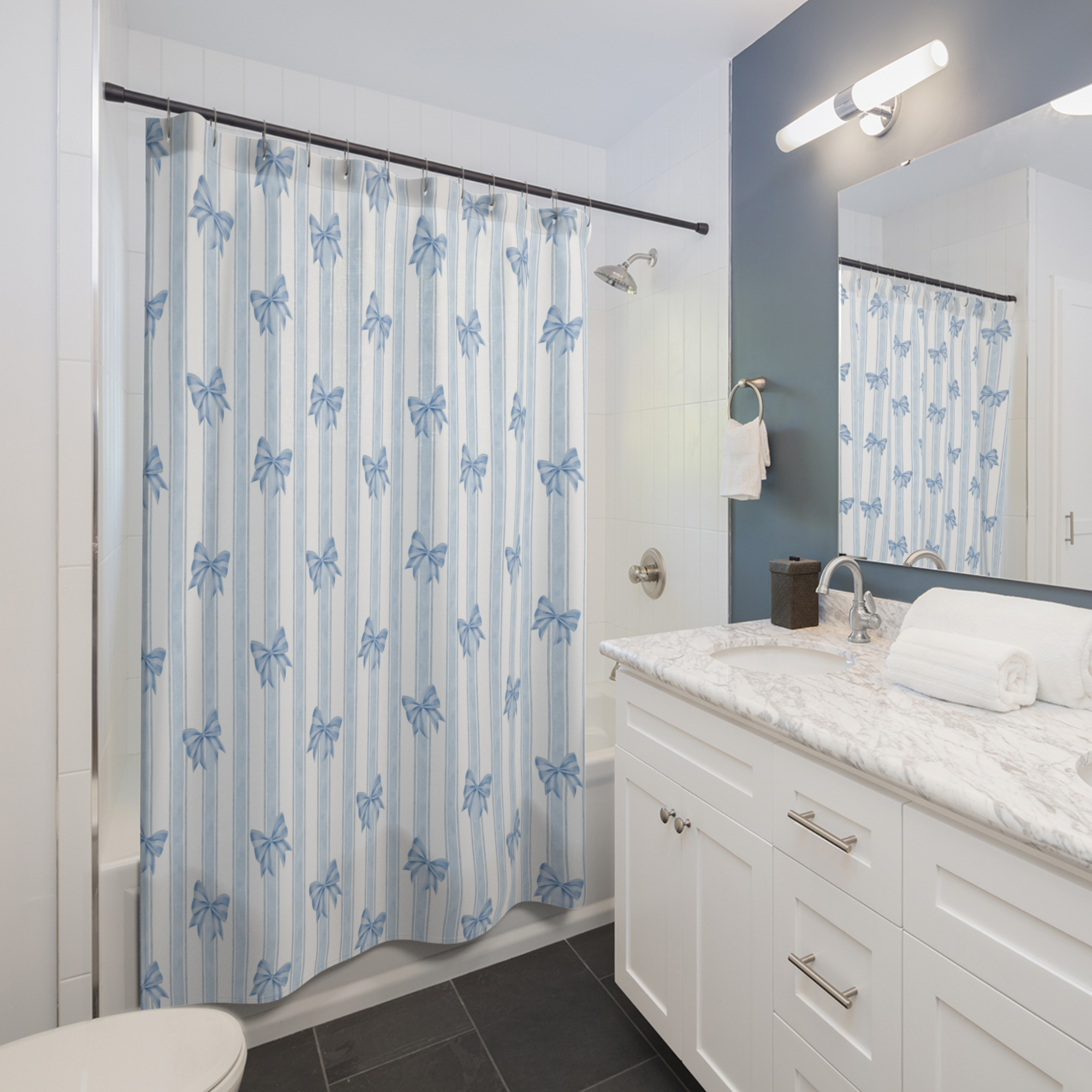 French Blue Stripes and Bows – Elegant Ribbon Shower Curtain