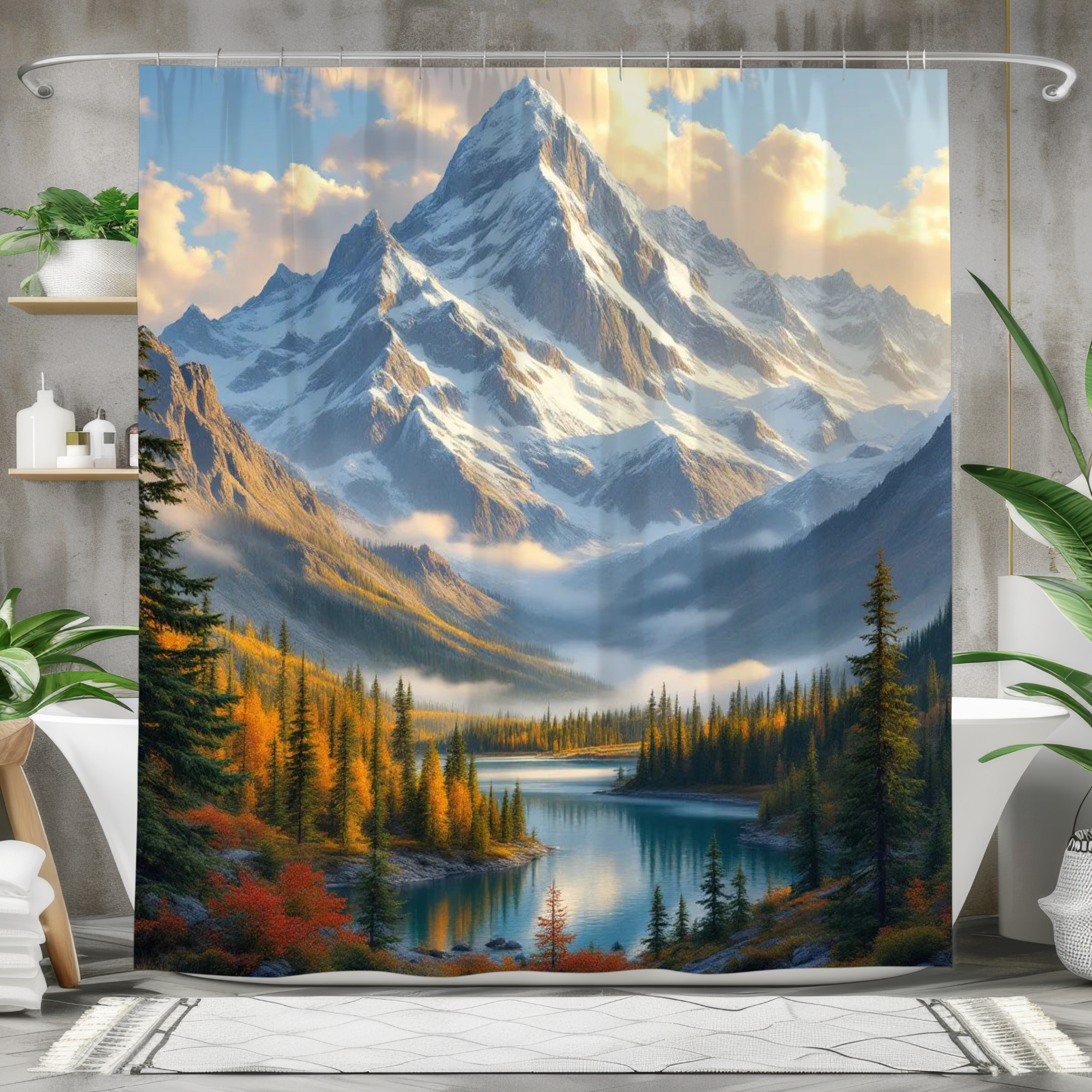 Autumn Mountain Lake Vista – Tranquil Scenic Shower Curtain