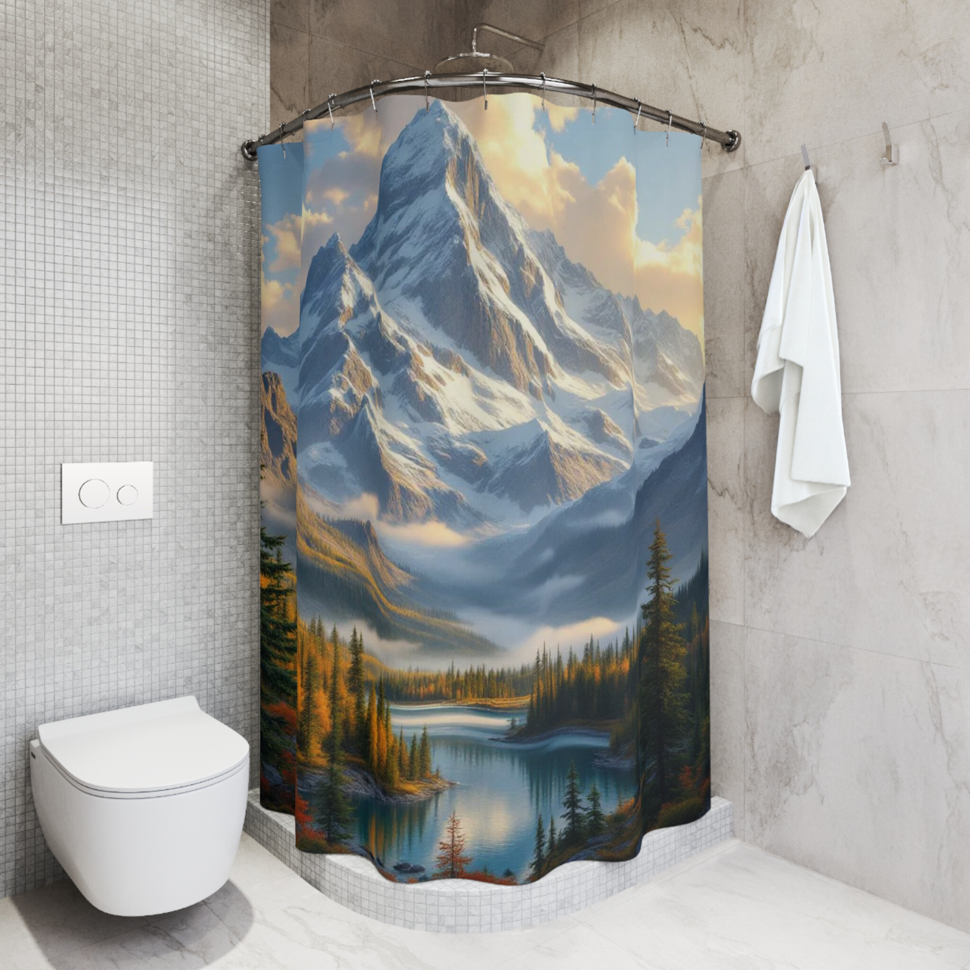 Autumn Mountain Lake Vista – Tranquil Scenic Shower Curtain