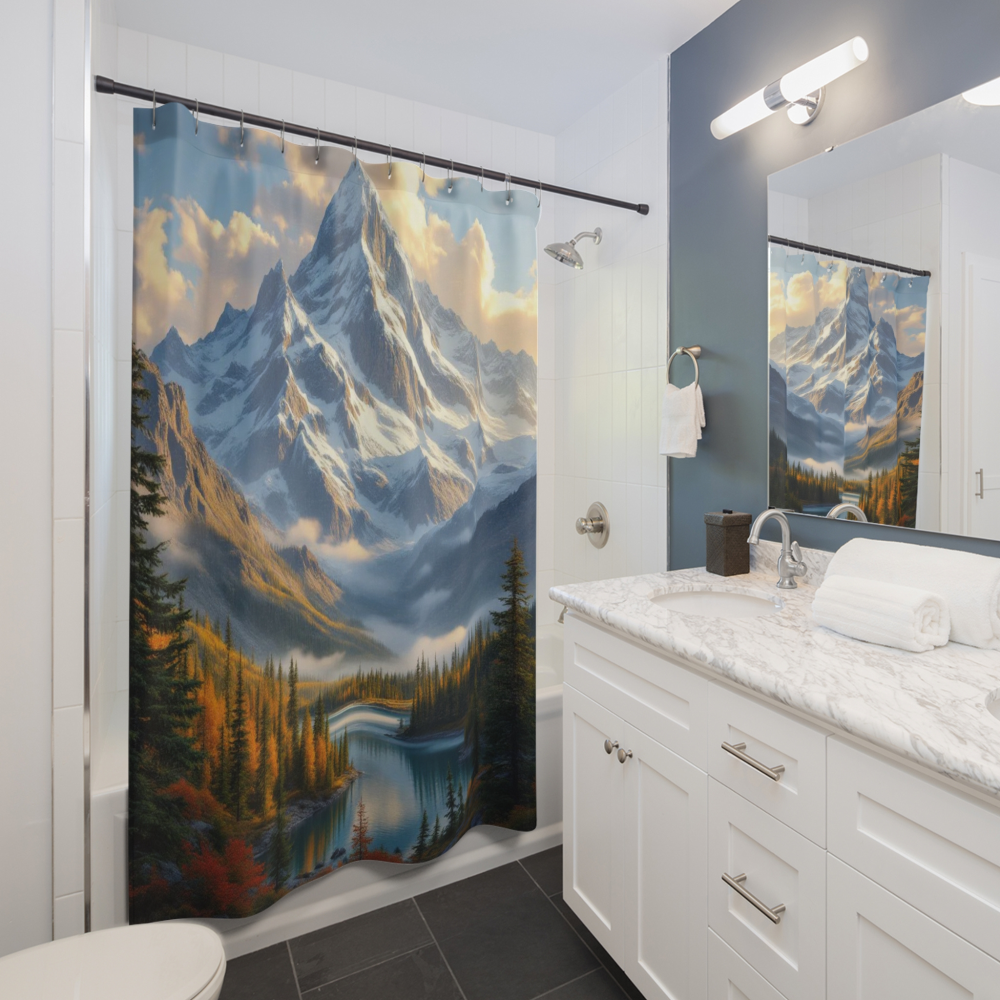 Autumn Mountain Lake Vista – Tranquil Scenic Shower Curtain