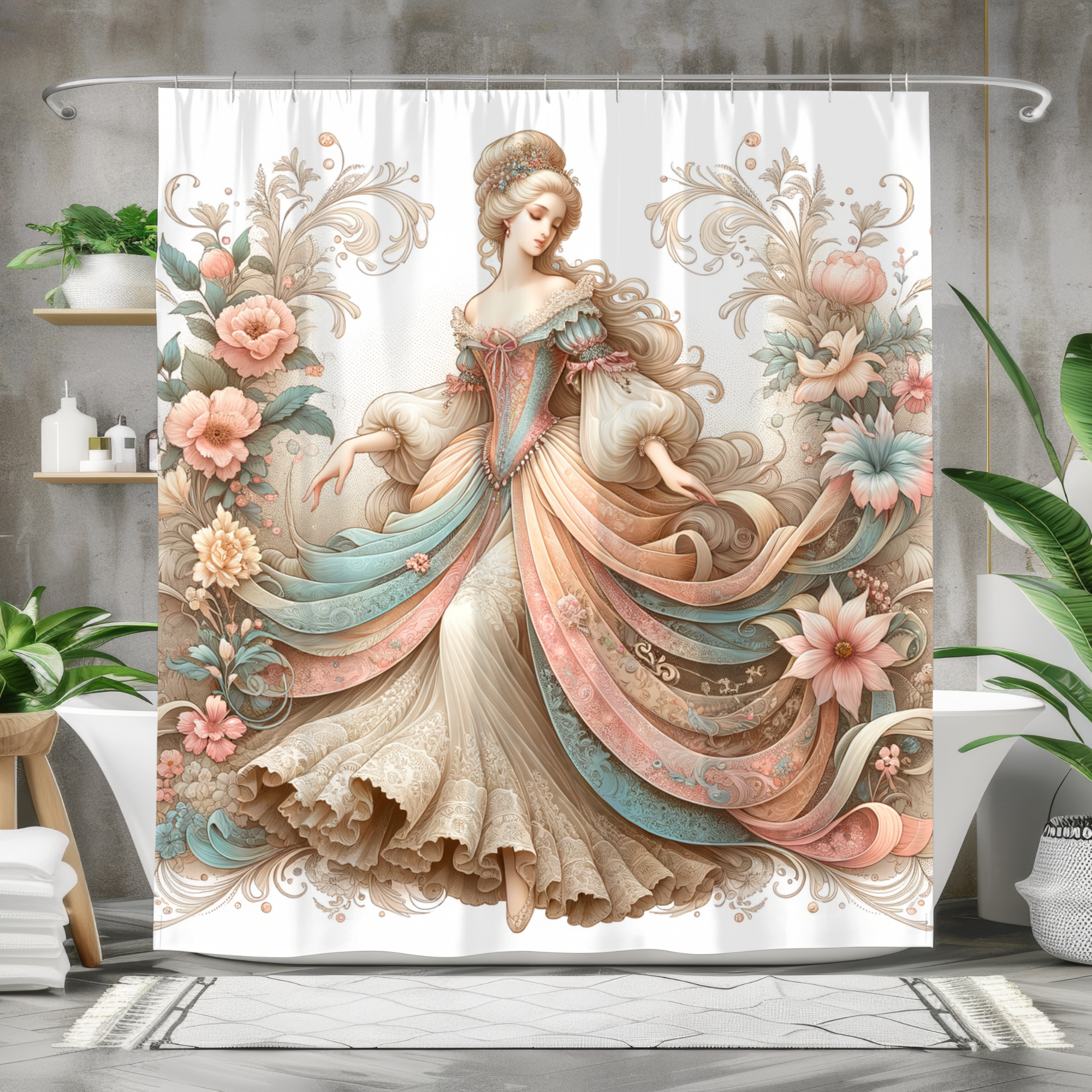 Rococo Lady in Blossoms – Romantic Vintage Shower Curtain