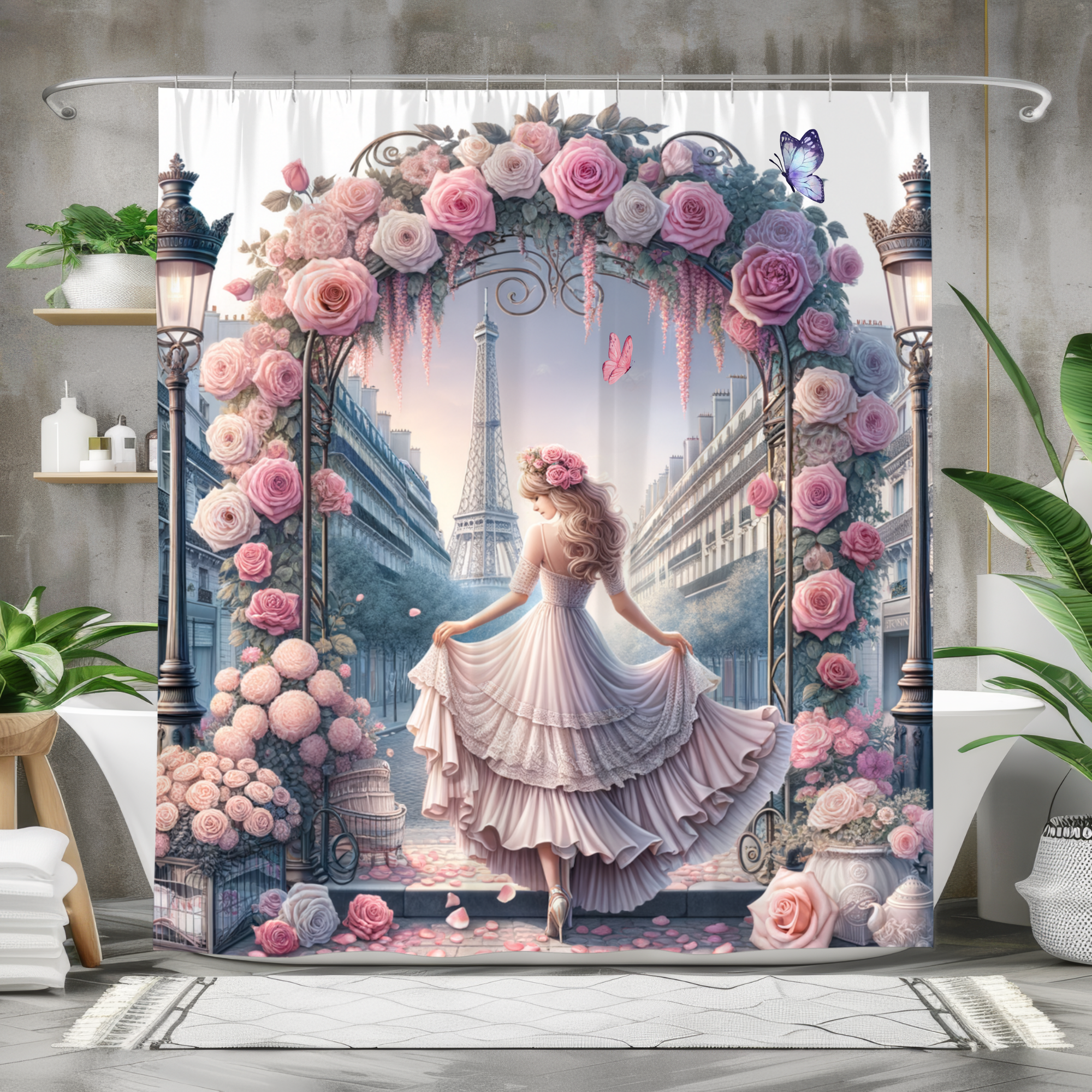 Parisian Girl Under Rose Arch – Romantic French Shower Curtain