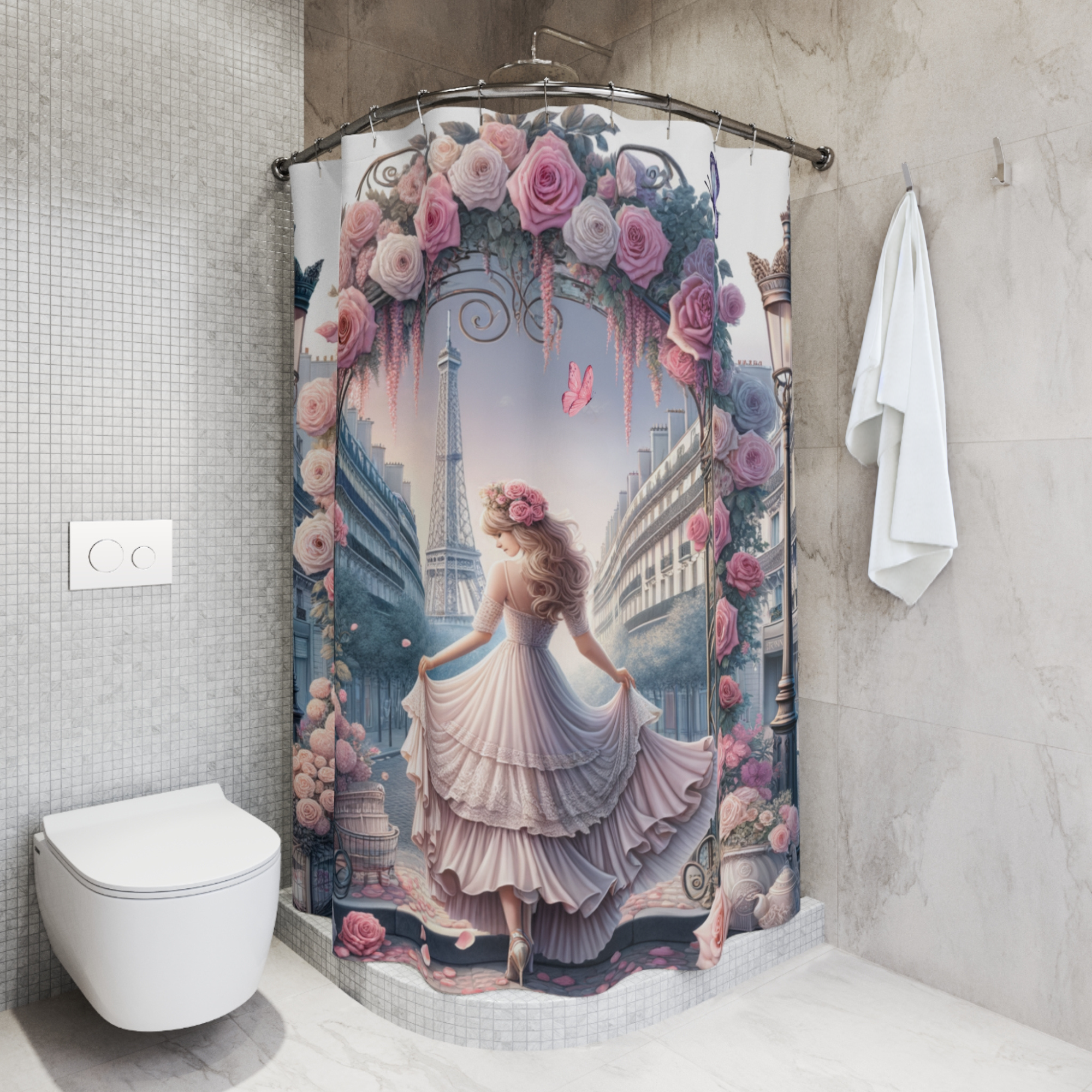 Parisian Girl Under Rose Arch – Romantic French Shower Curtain