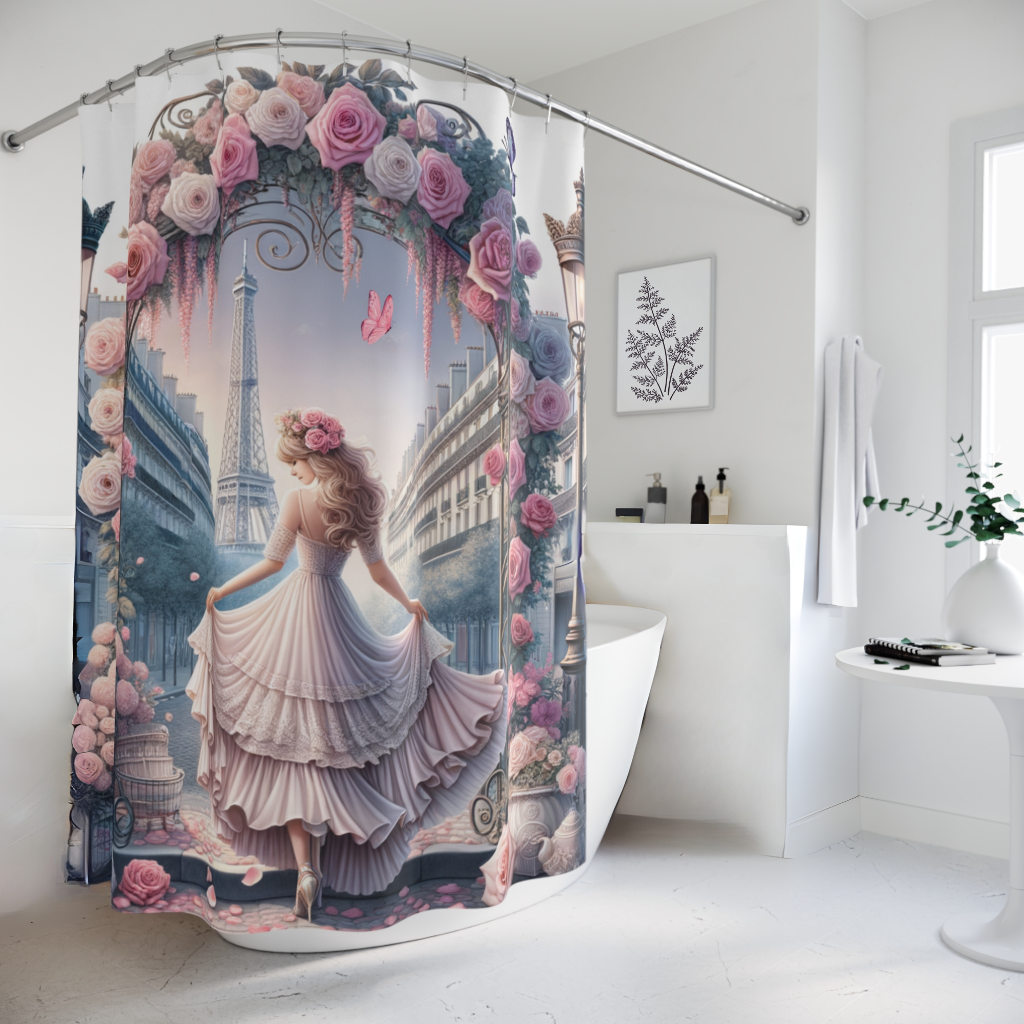 Parisian Girl Under Rose Arch – Romantic French Shower Curtain