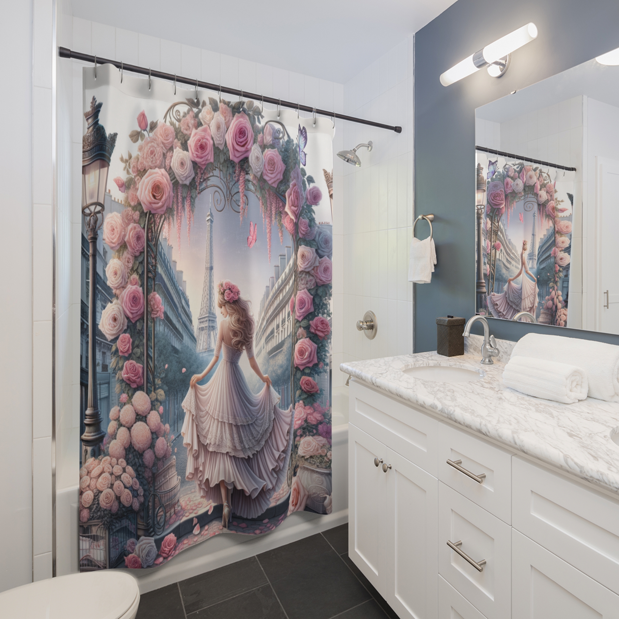 Parisian Girl Under Rose Arch – Romantic French Shower Curtain
