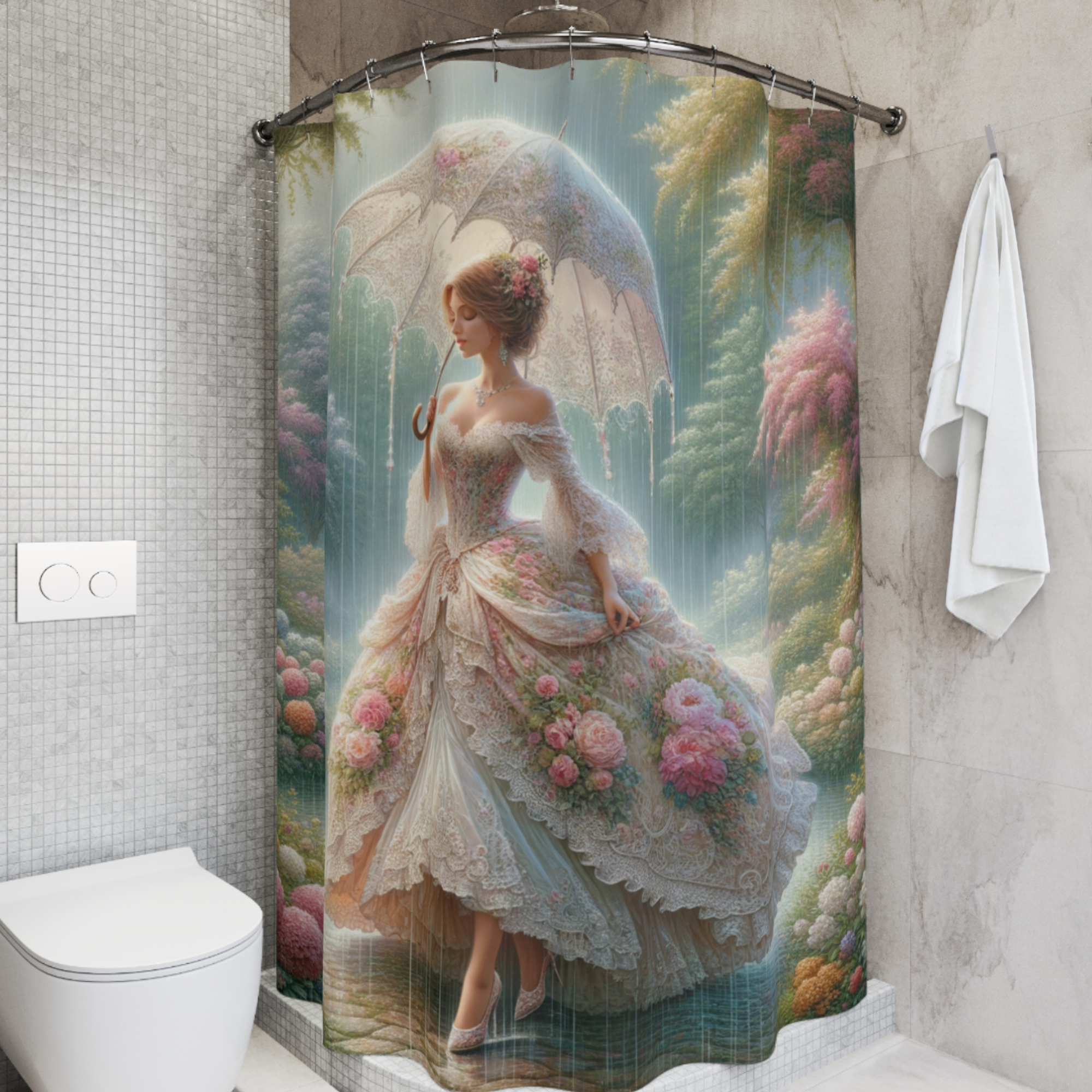 Victorian Lady in Rainy Garden – Elegant Romantic Shower Curtain
