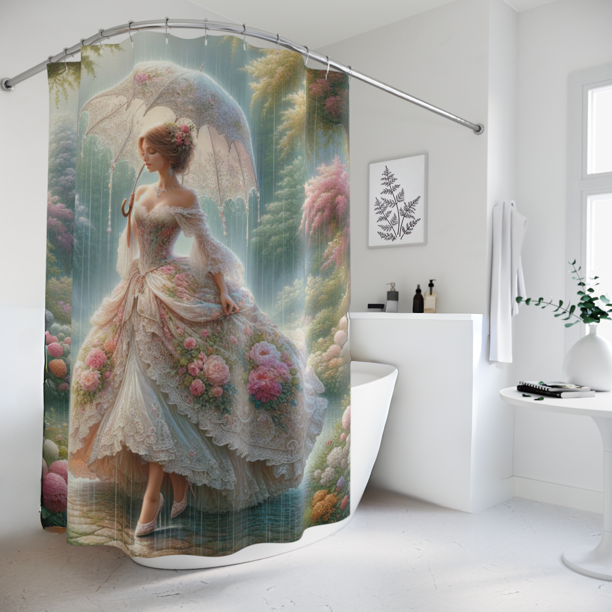Victorian Lady in Rainy Garden – Elegant Romantic Shower Curtain
