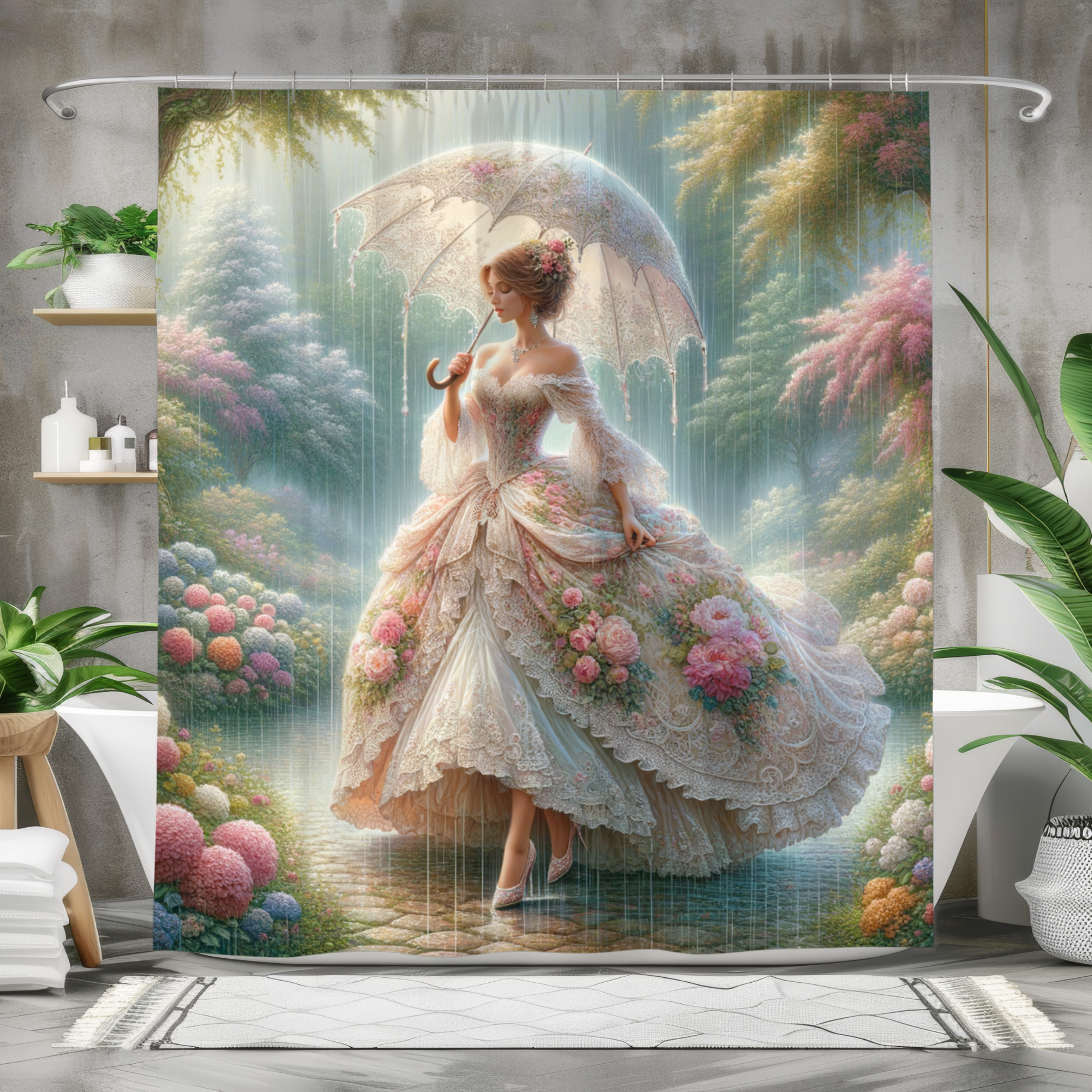 Victorian Lady in Rainy Garden – Elegant Romantic Shower Curtain