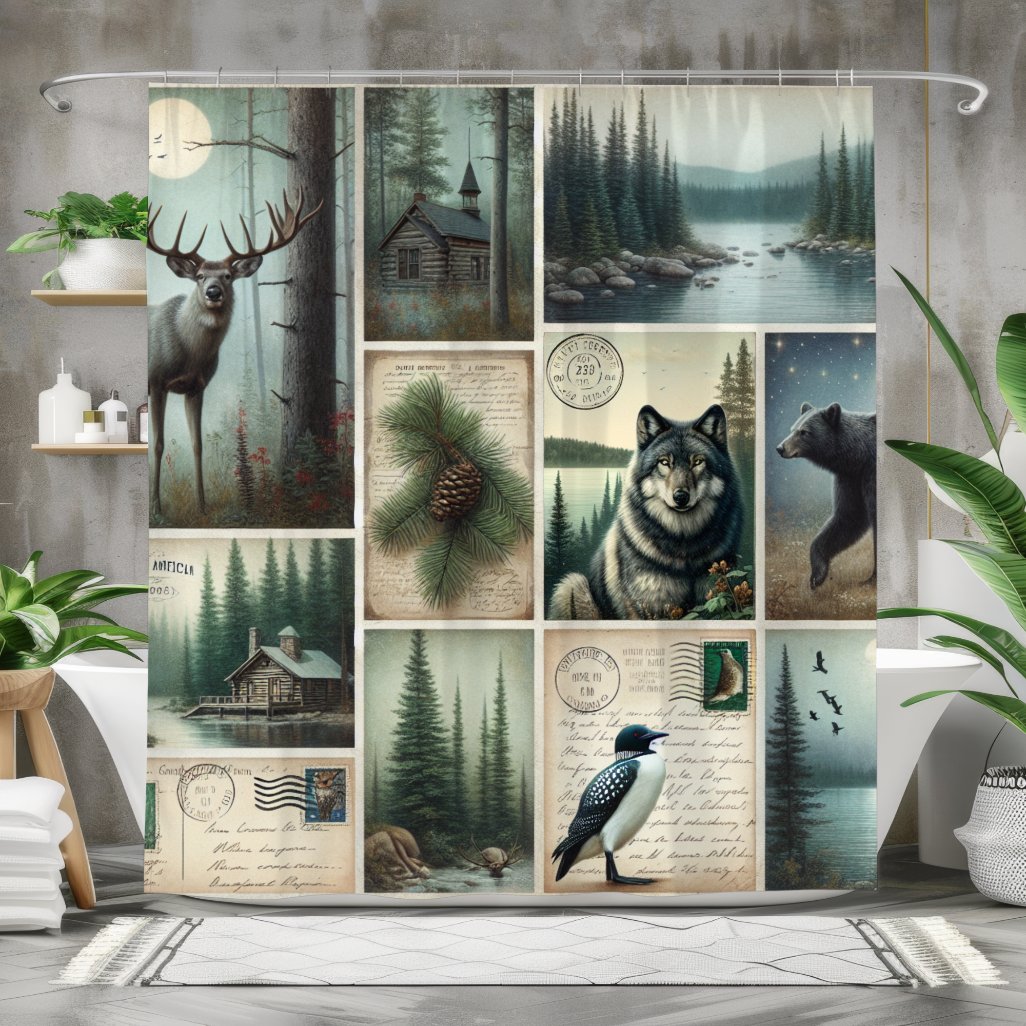 Woodland Lodge Postcards – Rustic Cabin Wildlife Shower Curtain
