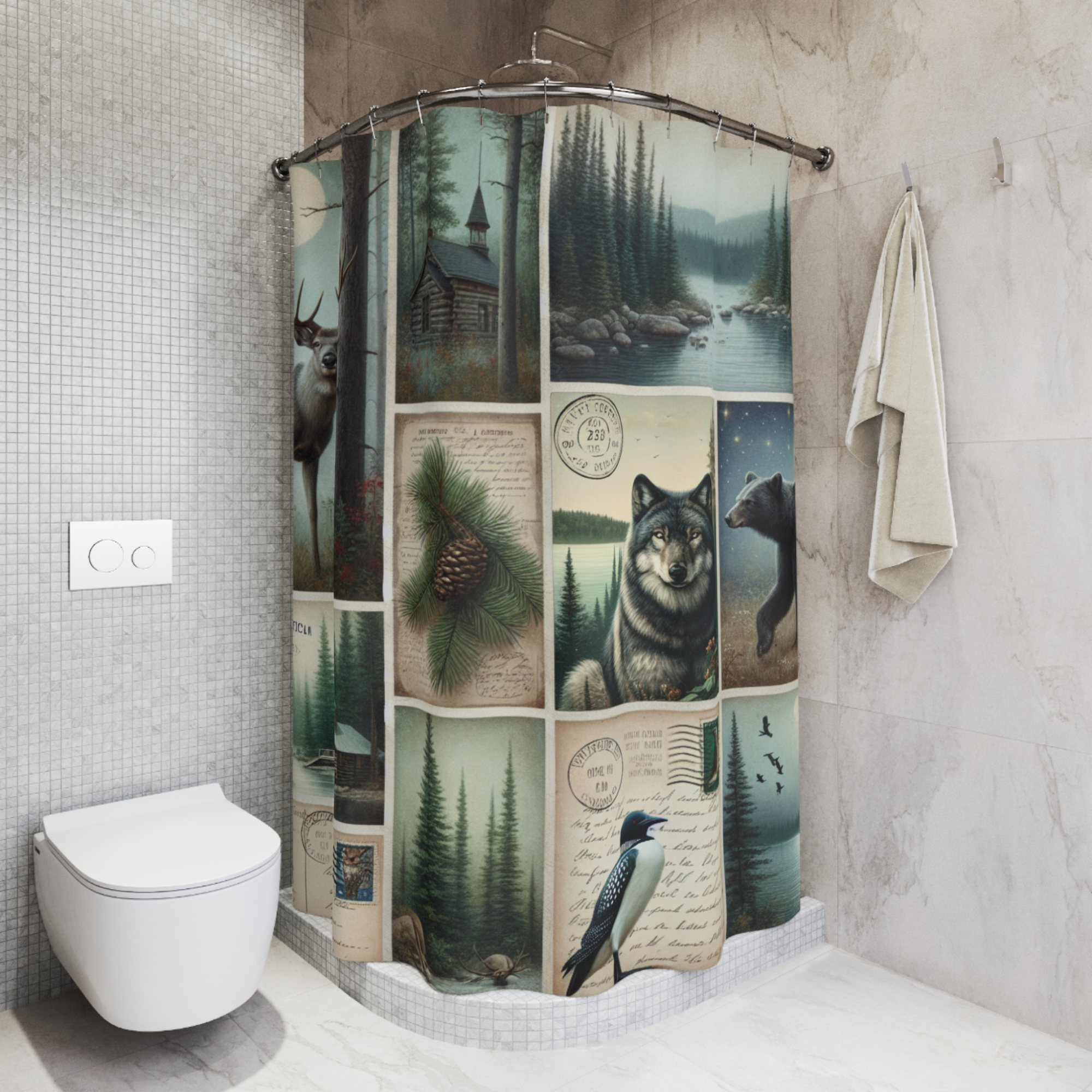 Woodland Lodge Postcards – Rustic Cabin Wildlife Shower Curtain