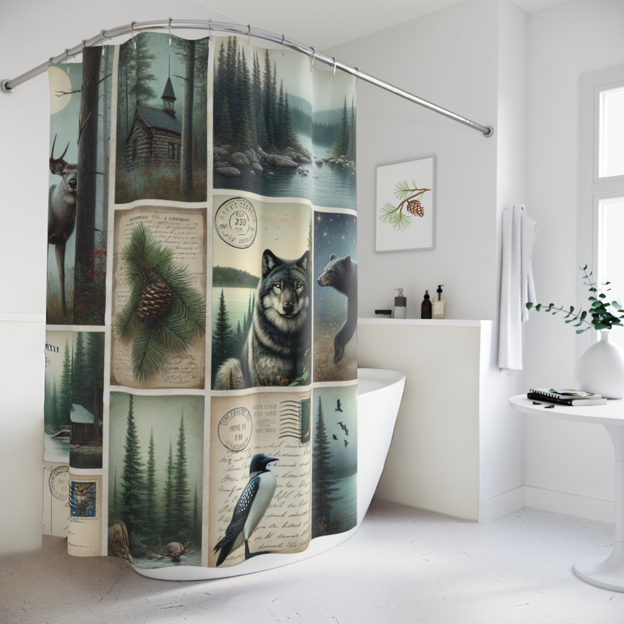Woodland Lodge Postcards – Rustic Cabin Wildlife Shower Curtain