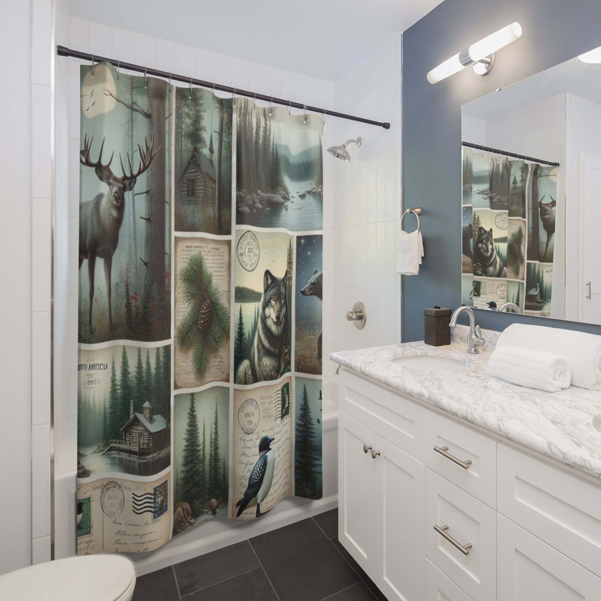 Woodland Lodge Postcards – Rustic Cabin Wildlife Shower Curtain