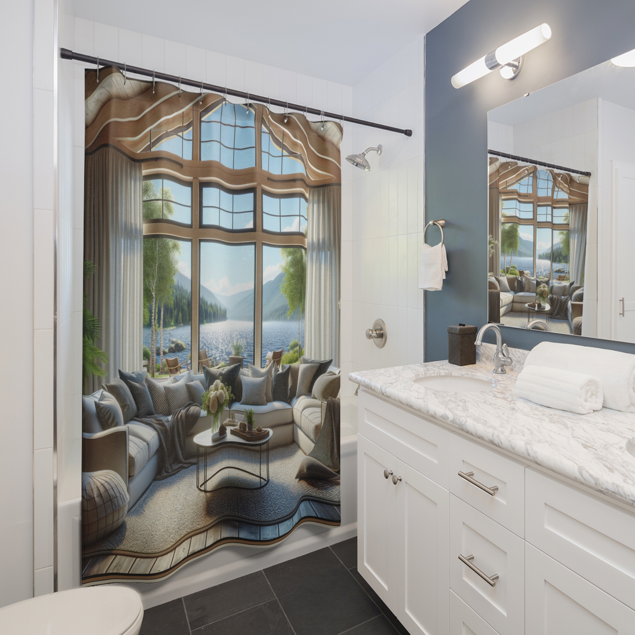 Lakeside Lodge View – Cozy Mountain Living Room Shower Curtain