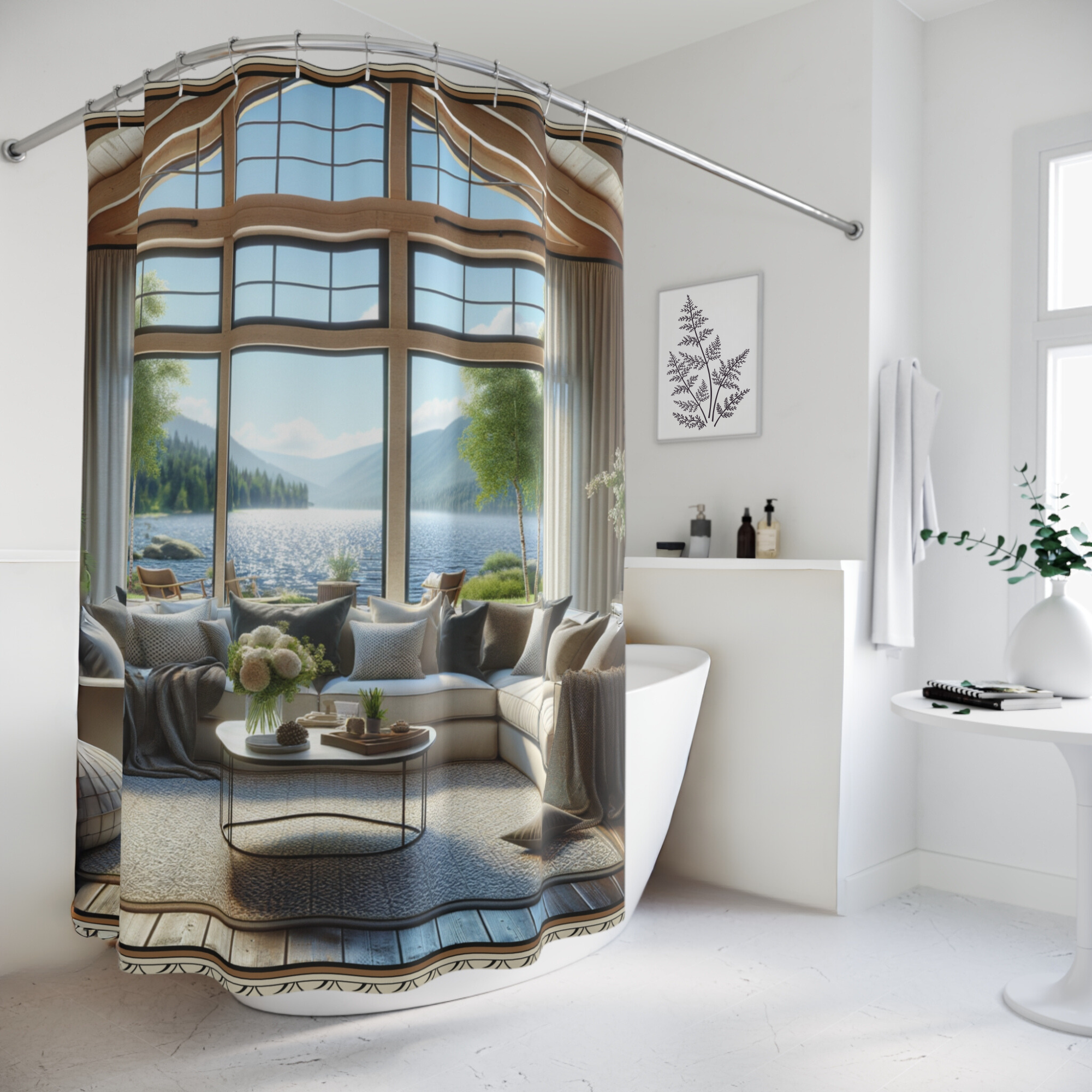 Lakeside Lodge View – Cozy Mountain Living Room Shower Curtain
