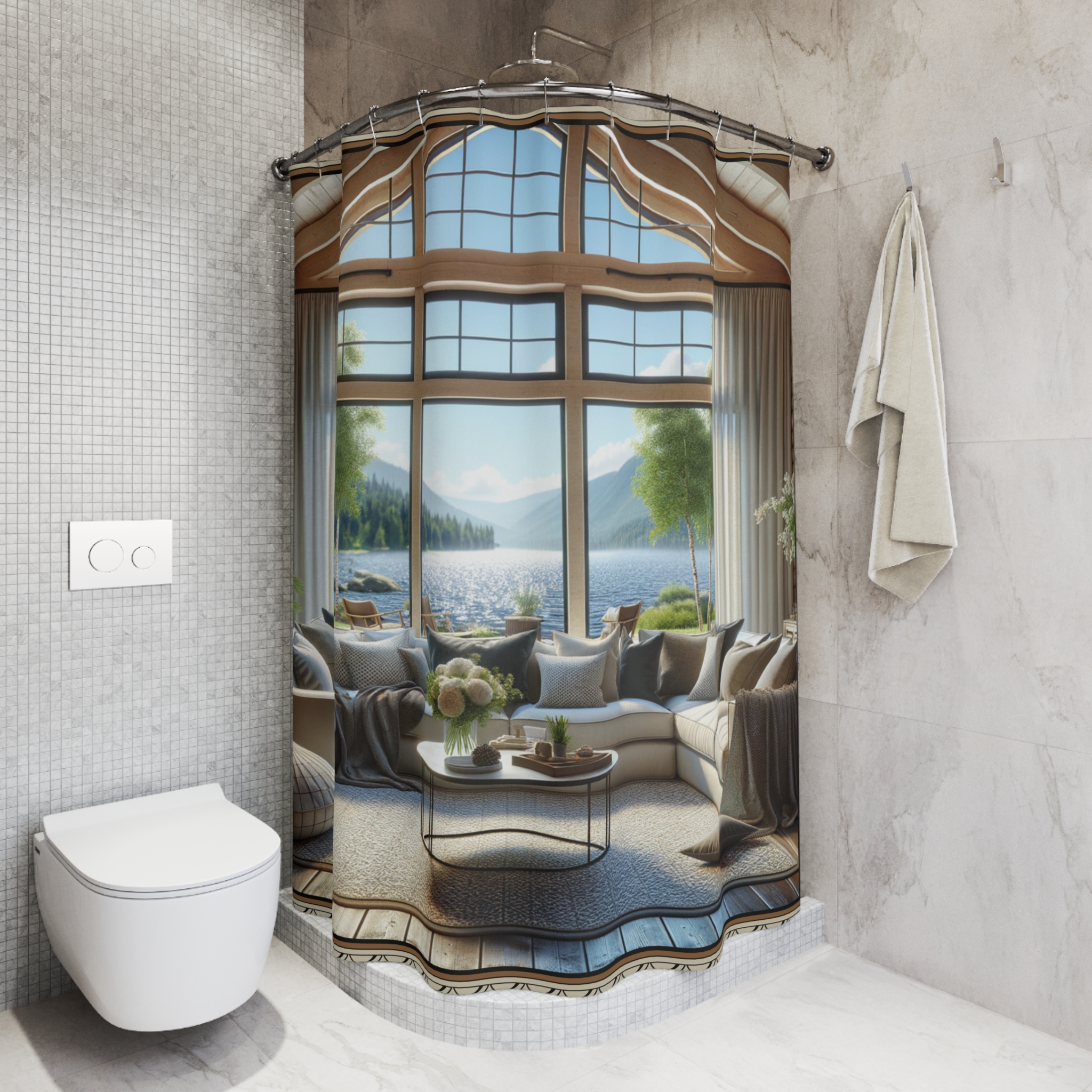 Lakeside Lodge View – Cozy Mountain Living Room Shower Curtain