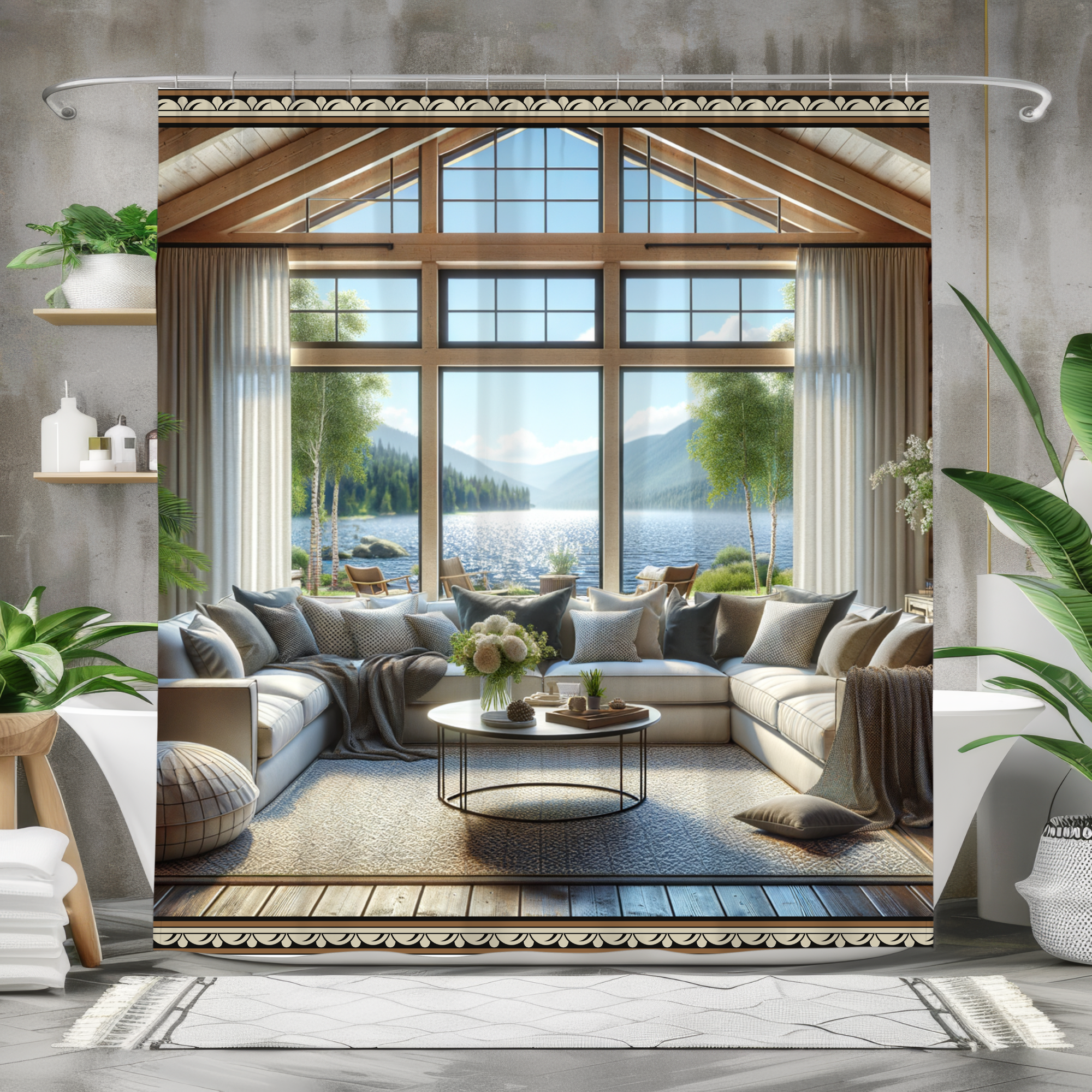 Lakeside Lodge View – Cozy Mountain Living Room Shower Curtain