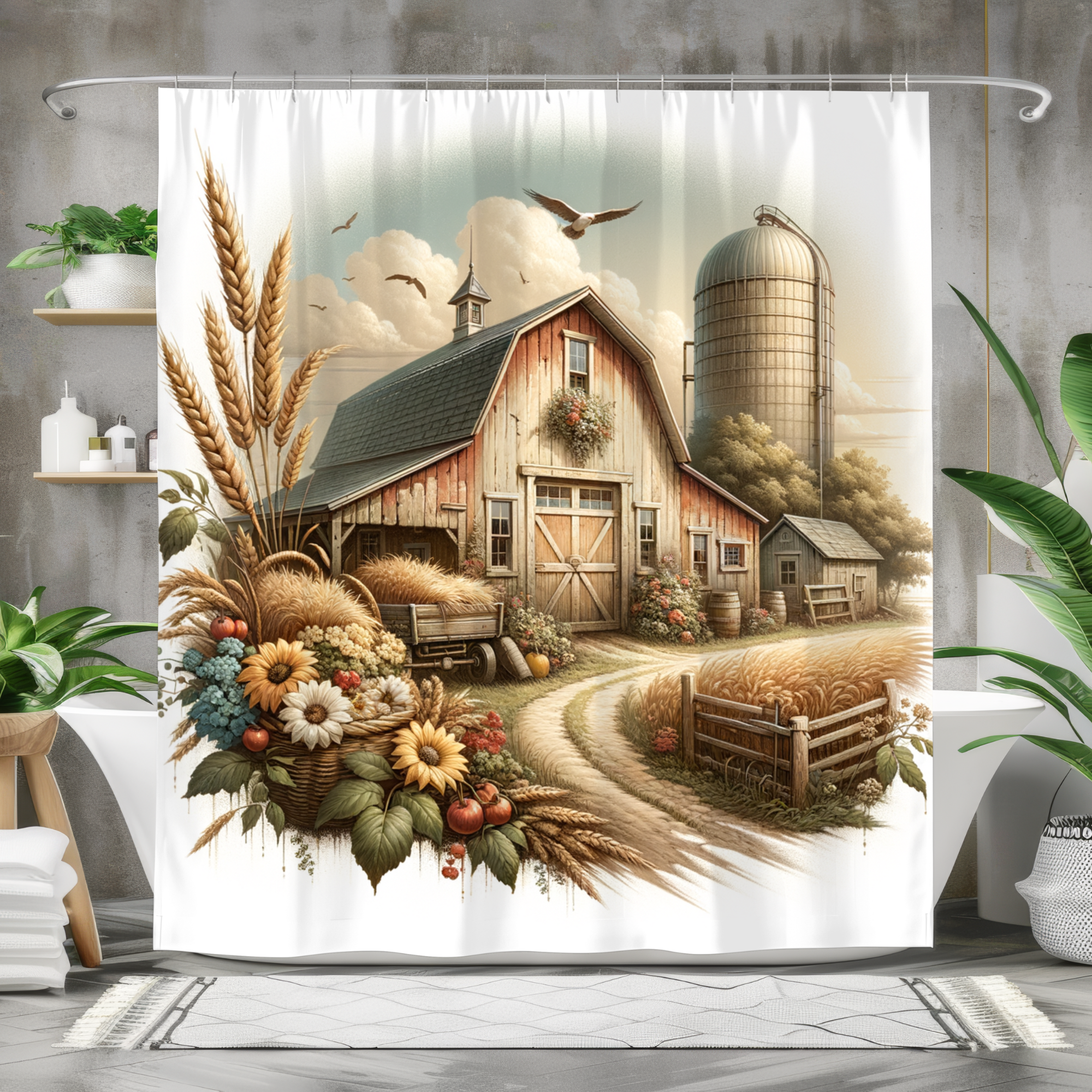 Rustic Autumn Farmstead – Vintage Harvest Barn Shower Curtain