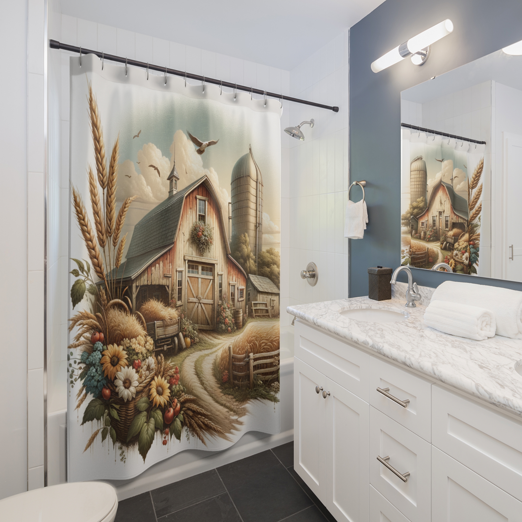 Rustic Autumn Farmstead – Vintage Harvest Barn Shower Curtain