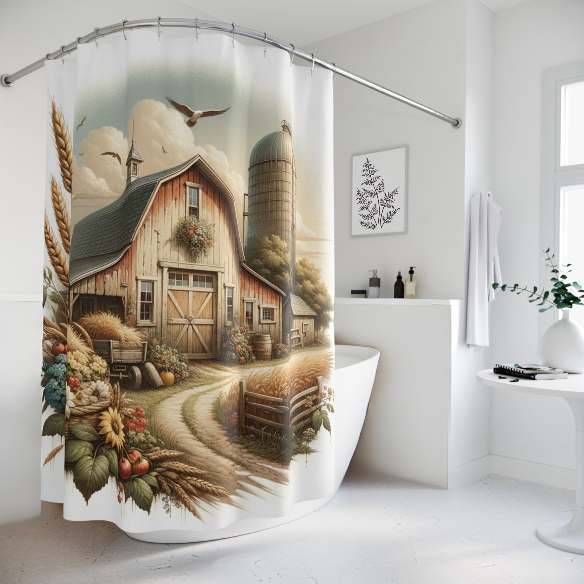 Rustic Autumn Farmstead – Vintage Harvest Barn Shower Curtain