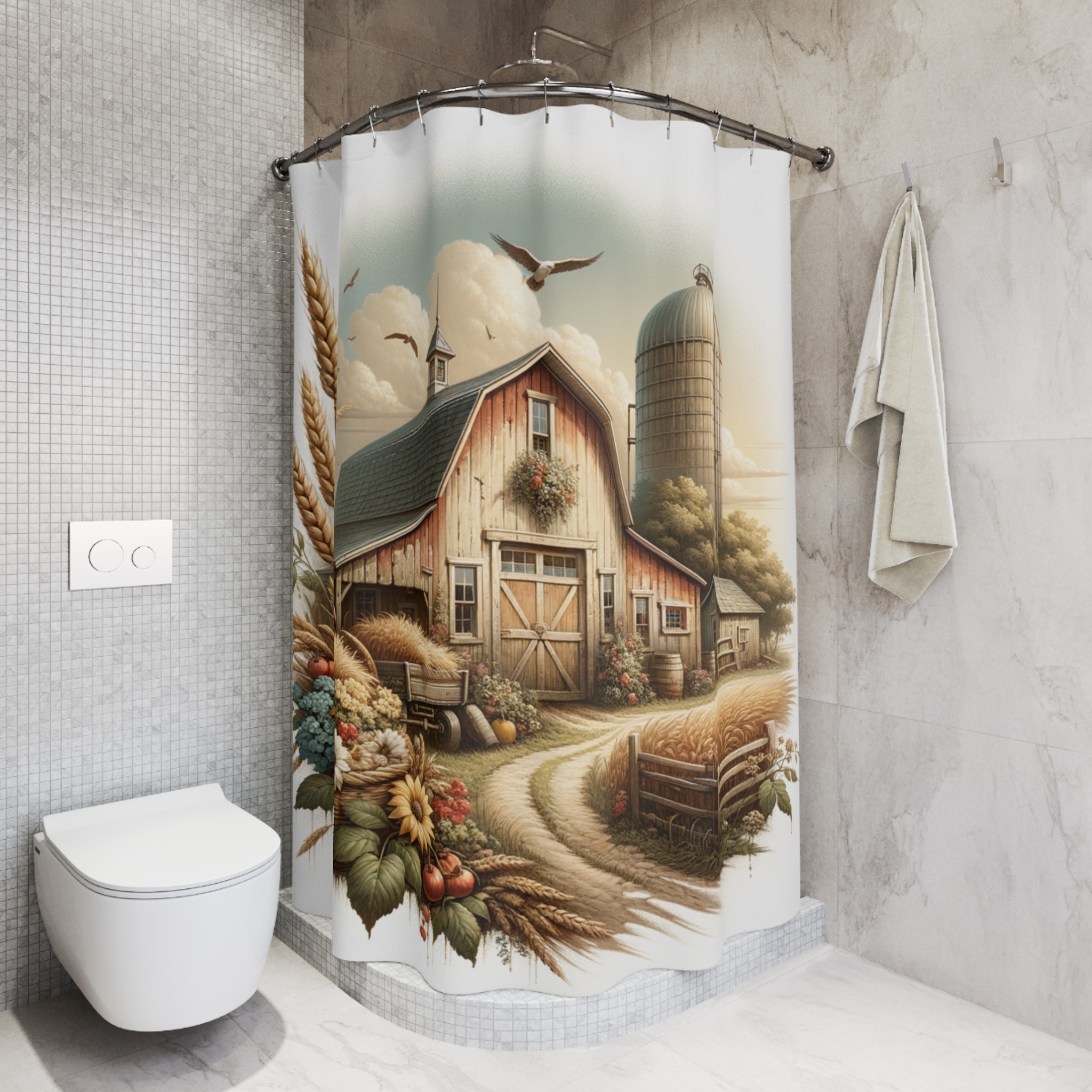 Rustic Autumn Farmstead – Vintage Harvest Barn Shower Curtain