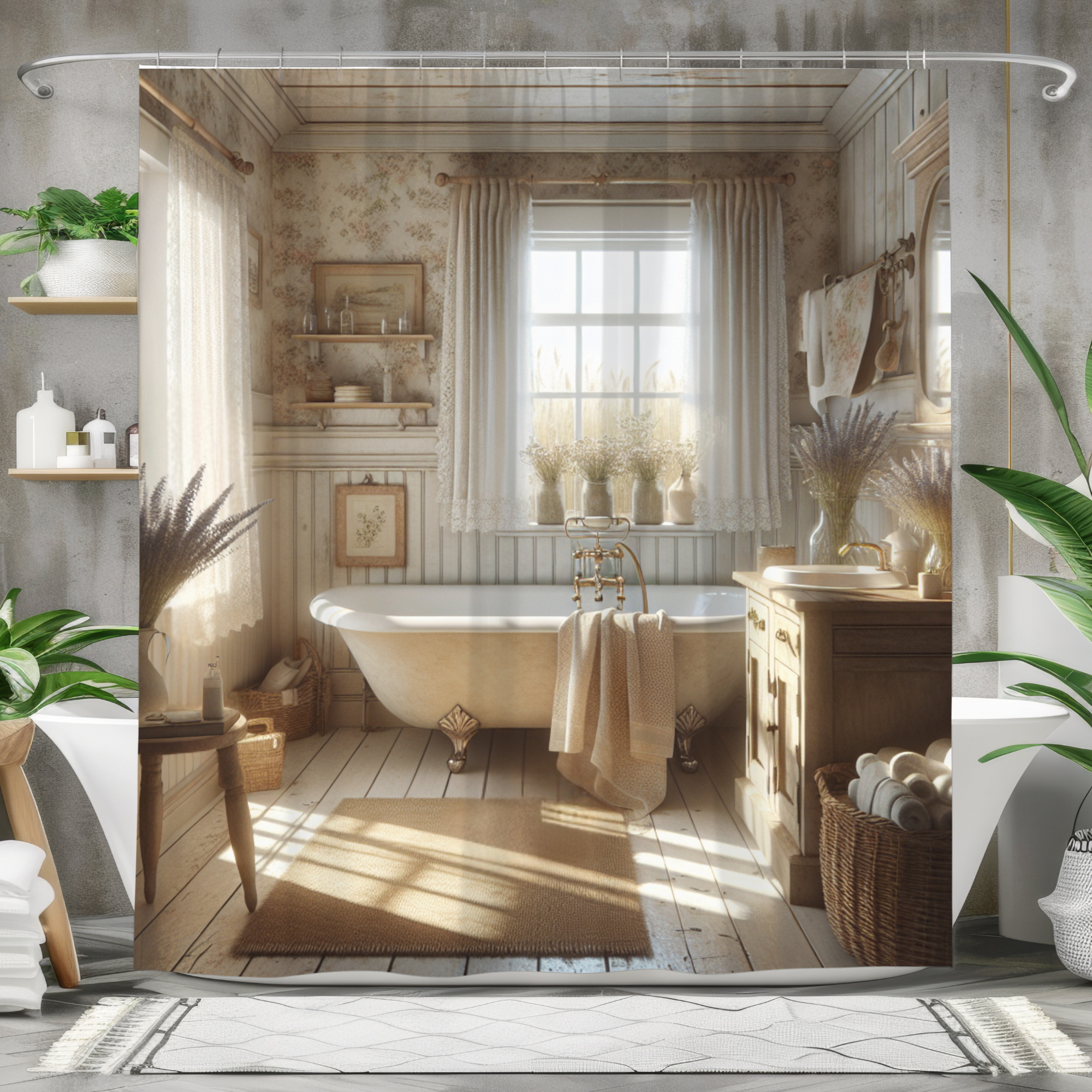 Vintage Cottage Bath – Soft Neutral Farmhouse Shower Curtain