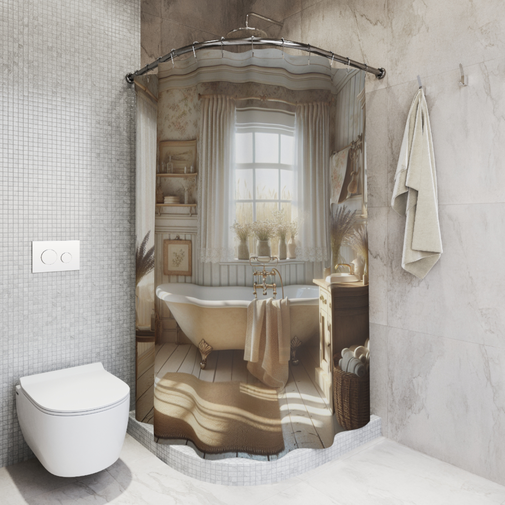 Vintage Cottage Bath – Soft Neutral Farmhouse Shower Curtain