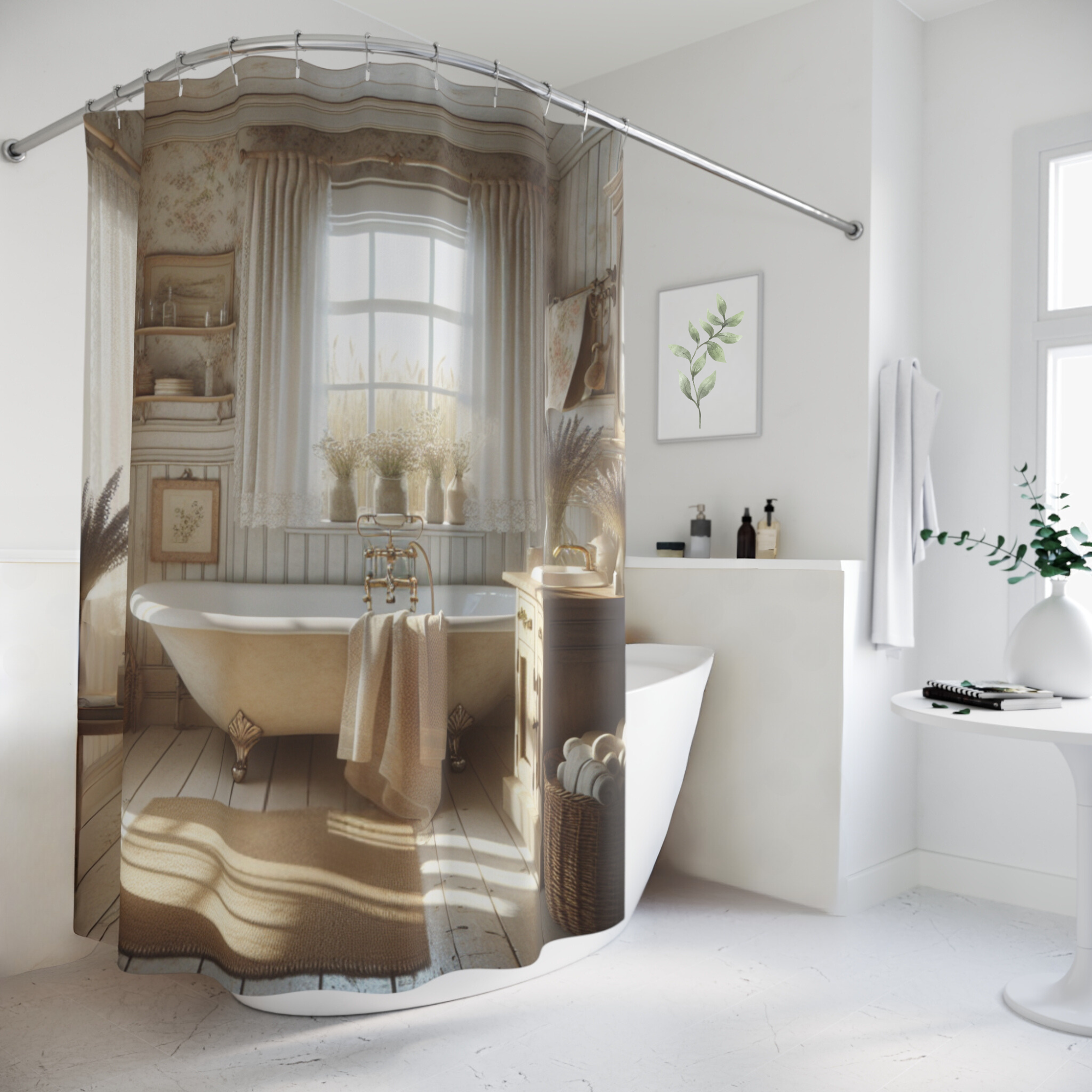 Vintage Cottage Bath – Soft Neutral Farmhouse Shower Curtain