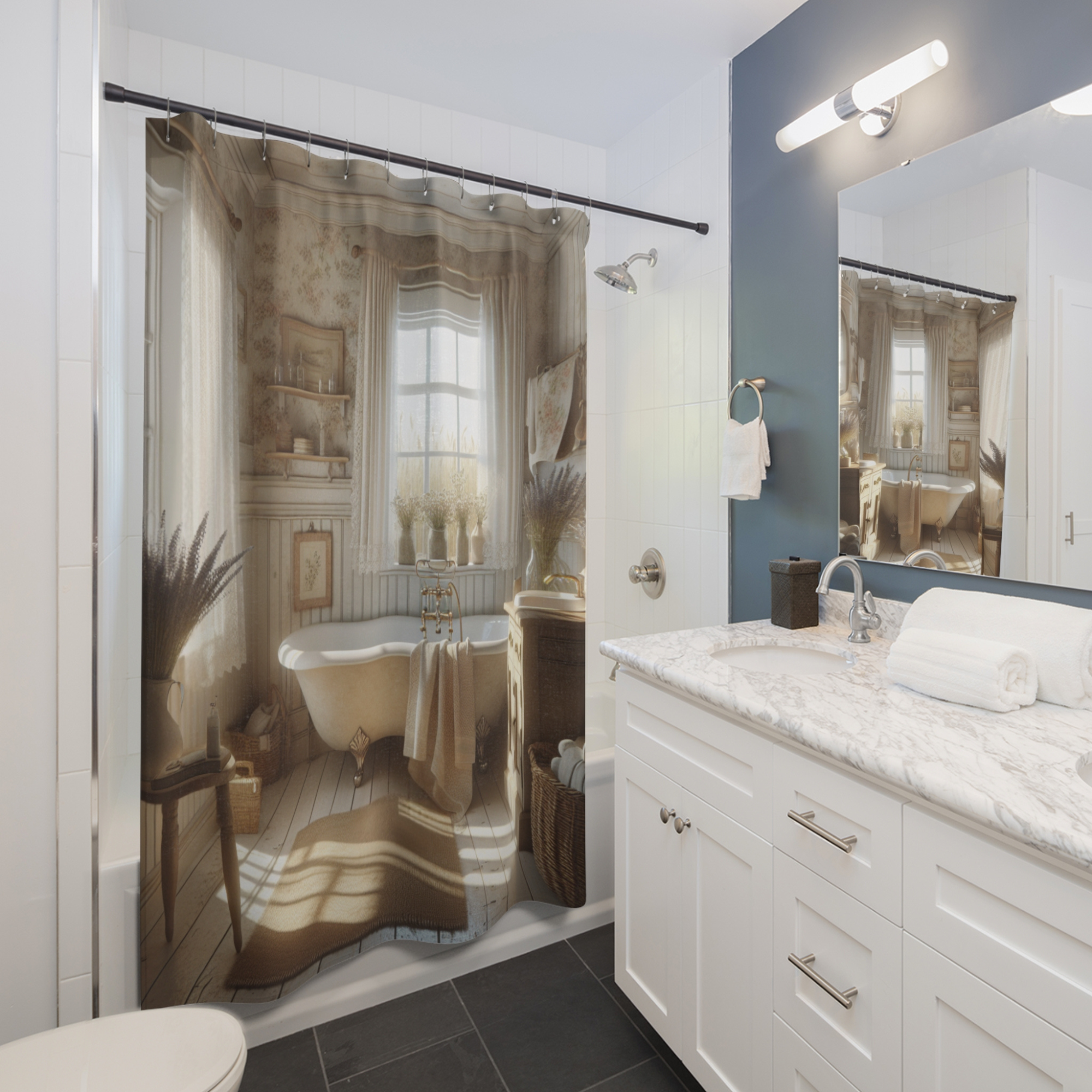 Vintage Cottage Bath – Soft Neutral Farmhouse Shower Curtain