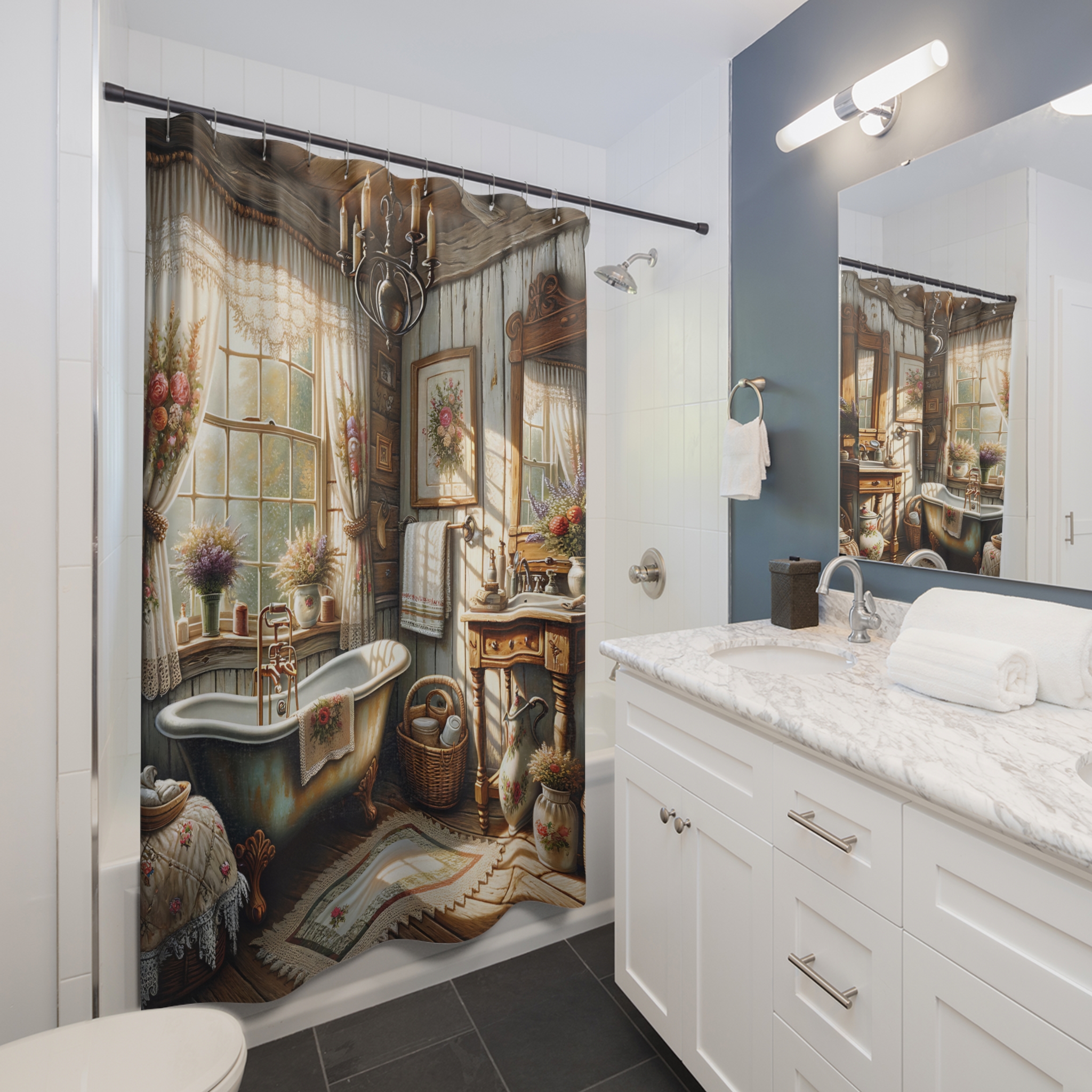 Romantic Cottage Bath – Rustic Vintage Floral Shower Curtain