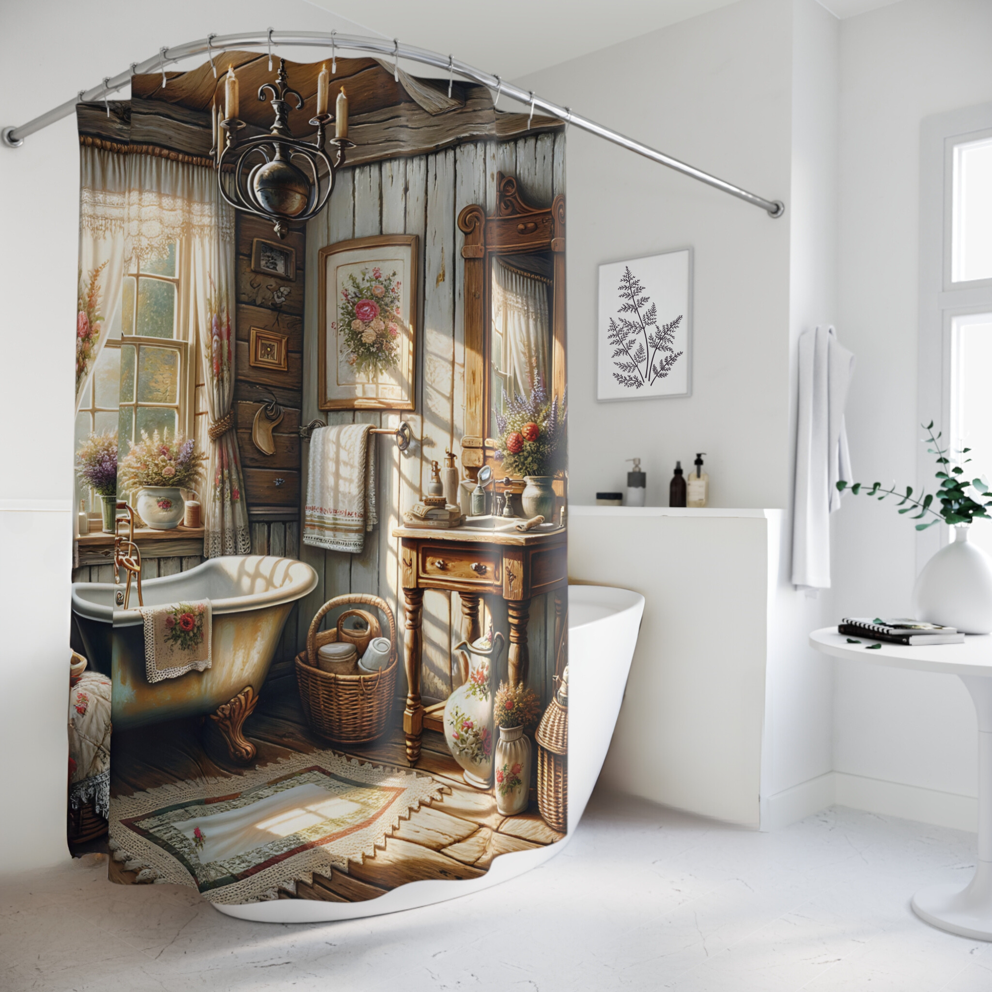 Romantic Cottage Bath – Rustic Vintage Floral Shower Curtain