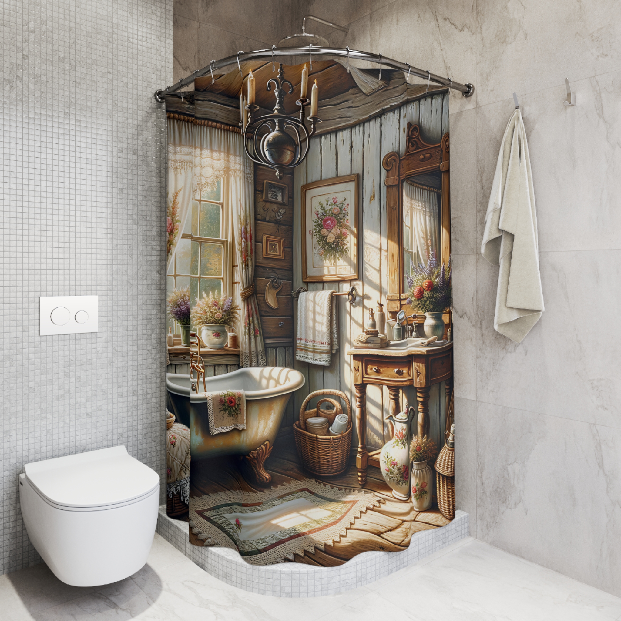 Romantic Cottage Bath – Rustic Vintage Floral Shower Curtain
