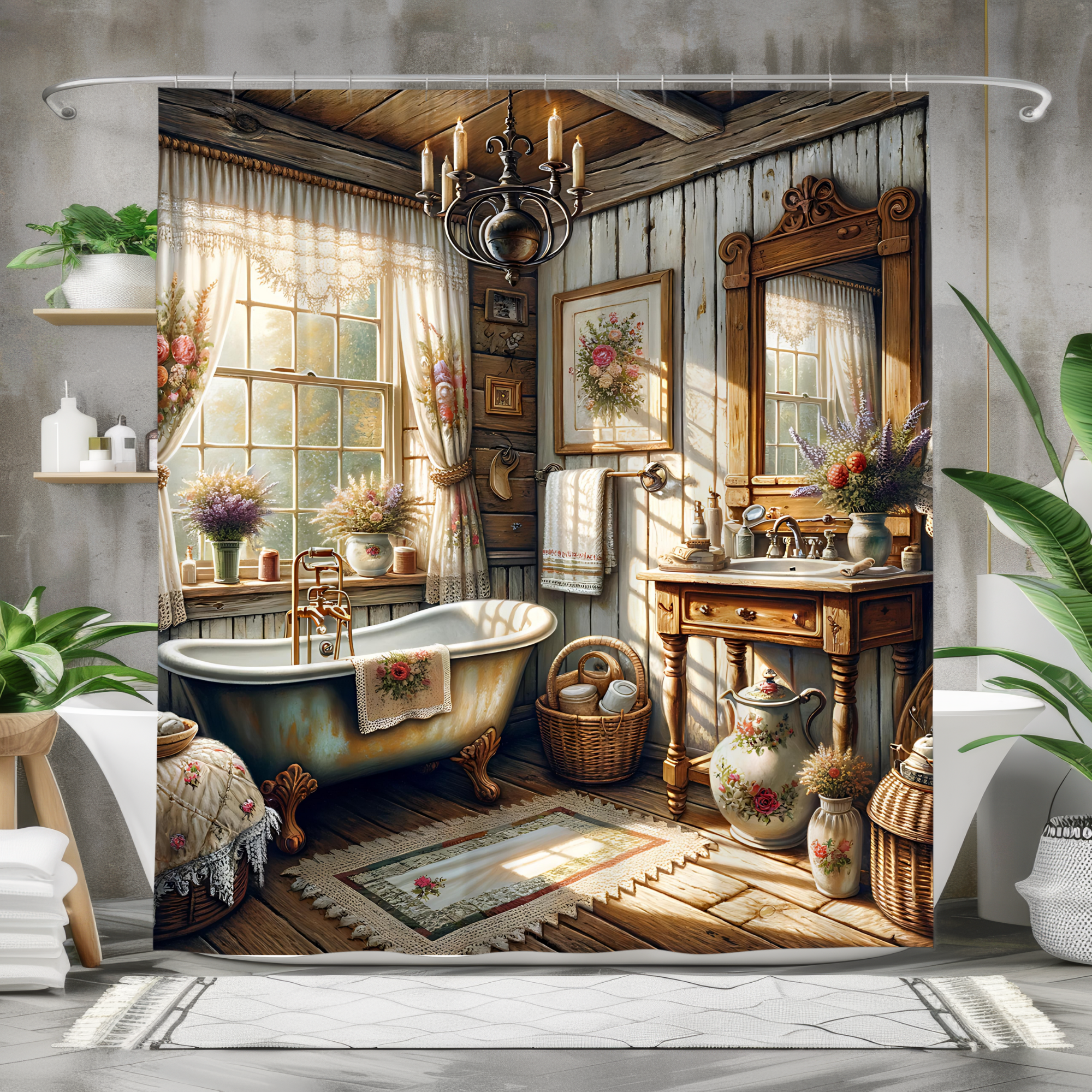Romantic Cottage Bath – Rustic Vintage Floral Shower Curtain