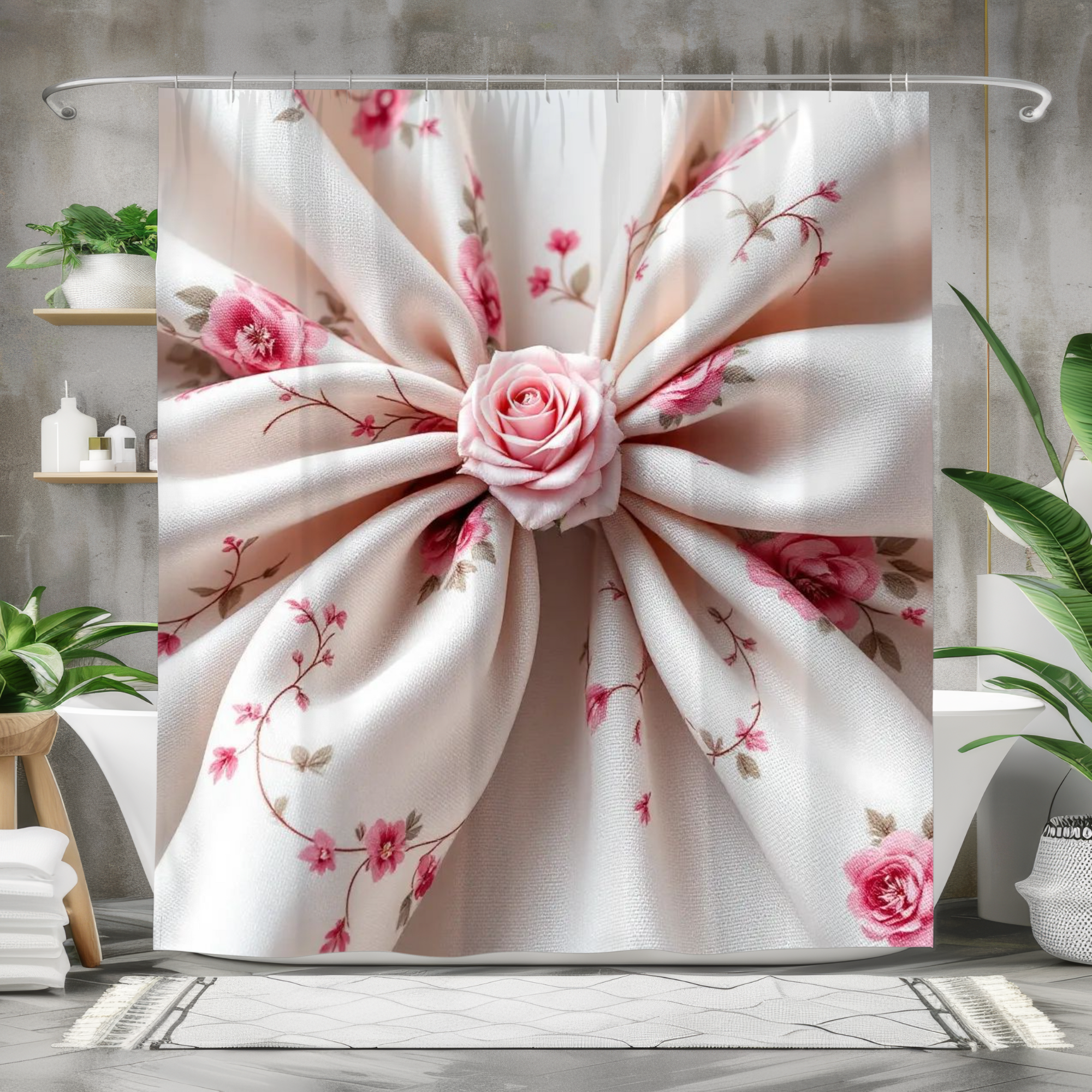 Rose Blossom Bow – Elegant Floral Fabric Shower Curtain
