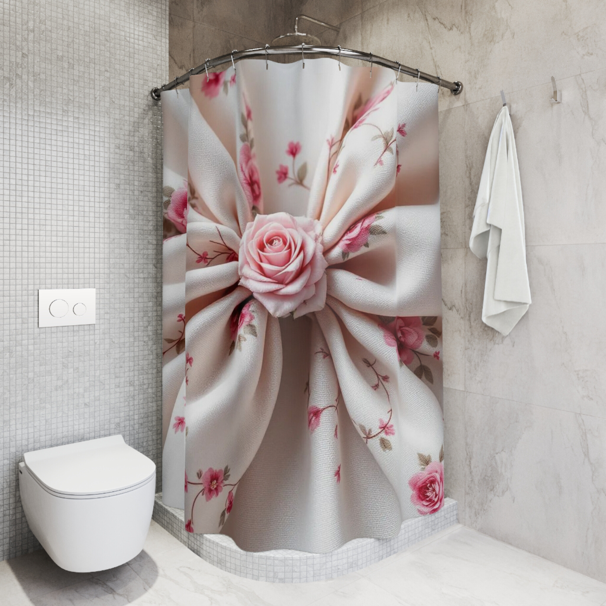 Rose Blossom Bow – Elegant Floral Fabric Shower Curtain