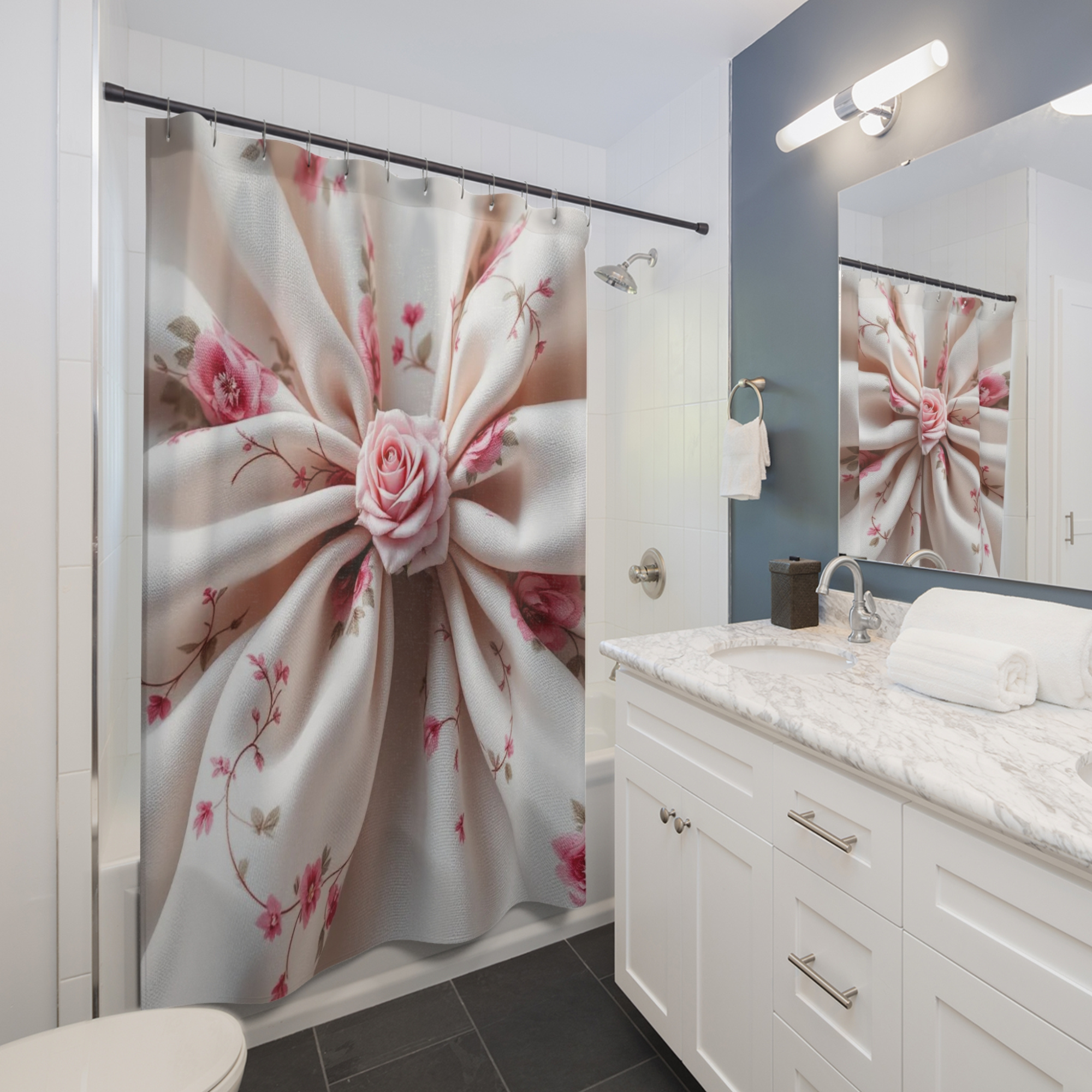 Rose Blossom Bow – Elegant Floral Fabric Shower Curtain