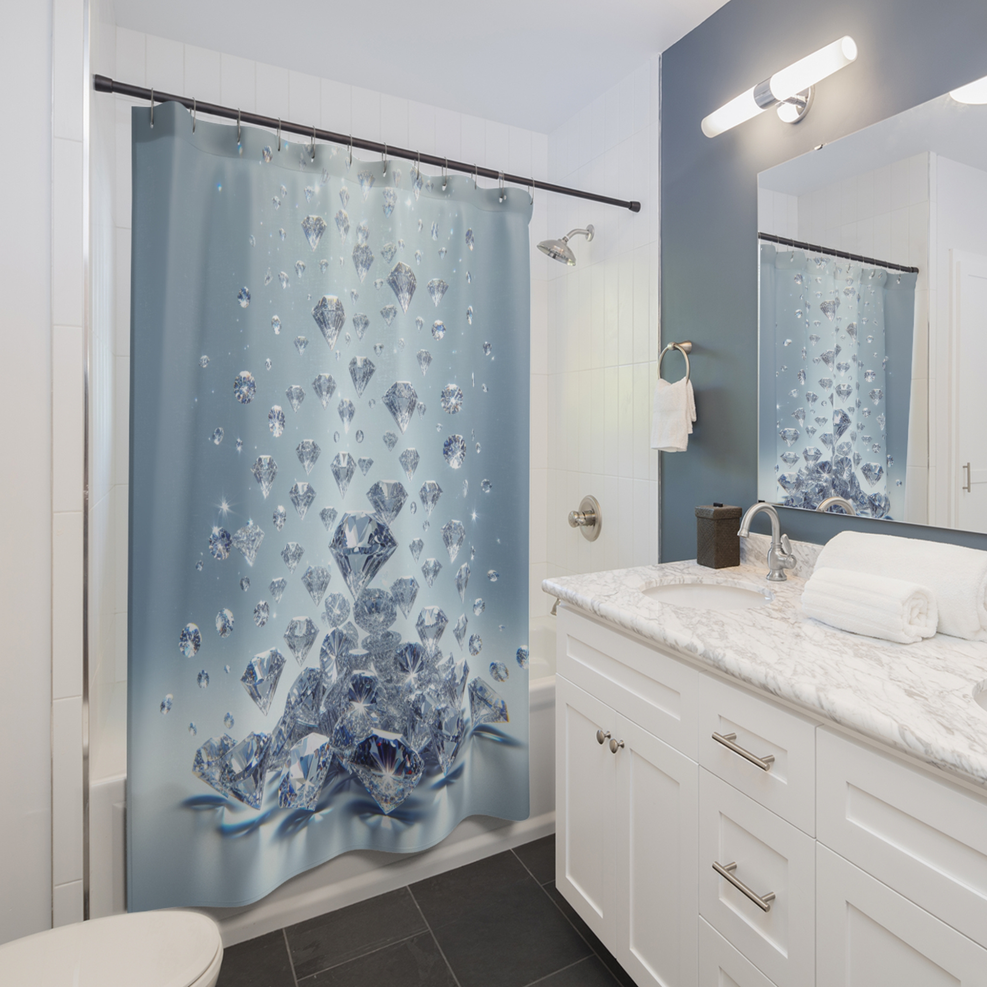 Cascading Diamonds – Sparkling Blue Glam Shower Curtain