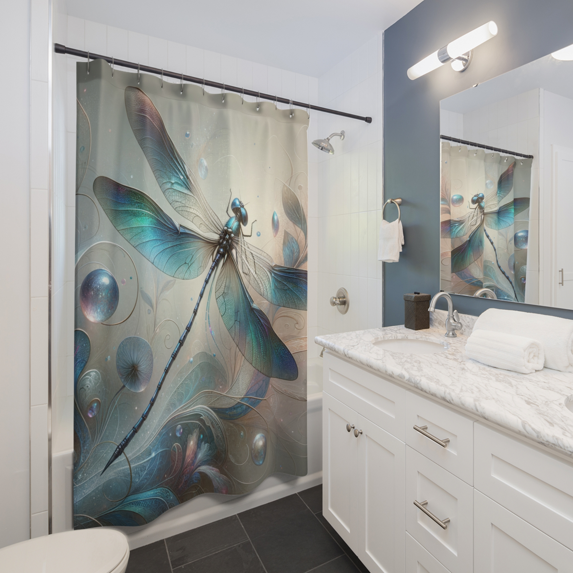 Celestial Dragonfly – Iridescent Blue Fantasy Shower Curtain