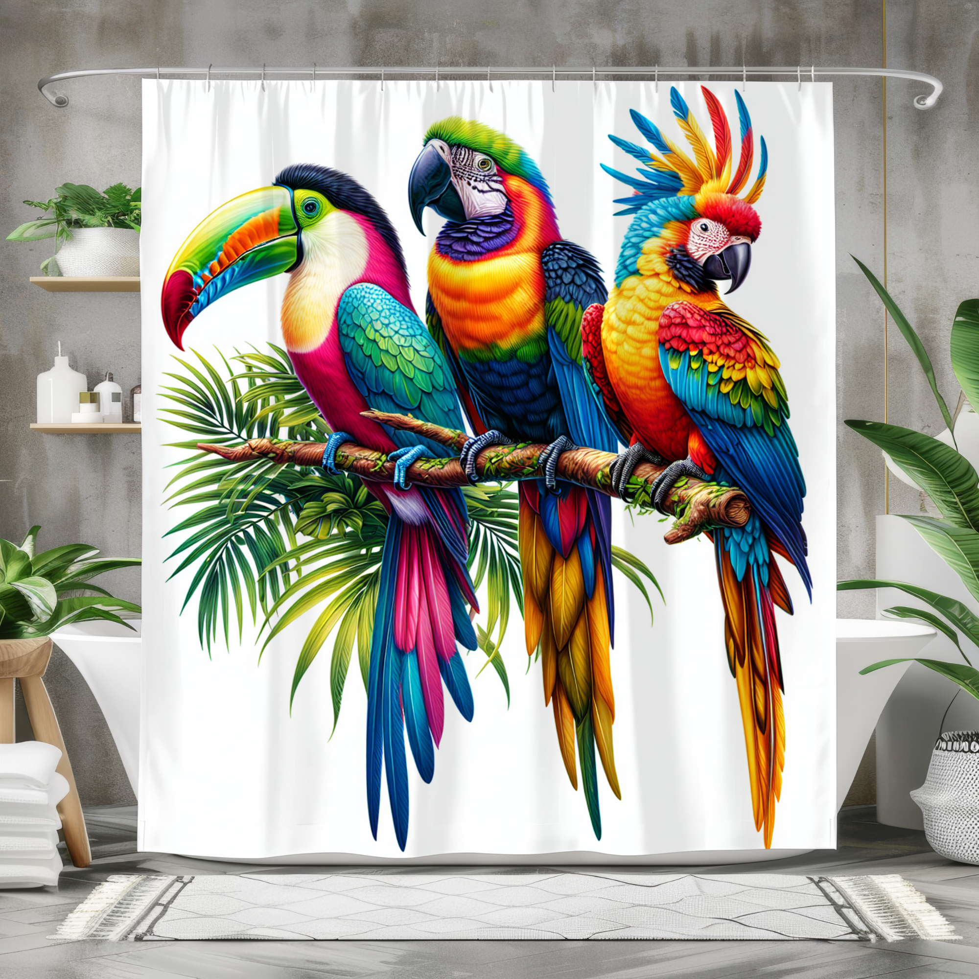 Tropical Parrot Trio – Vibrant Exotic Bird Shower Curtain