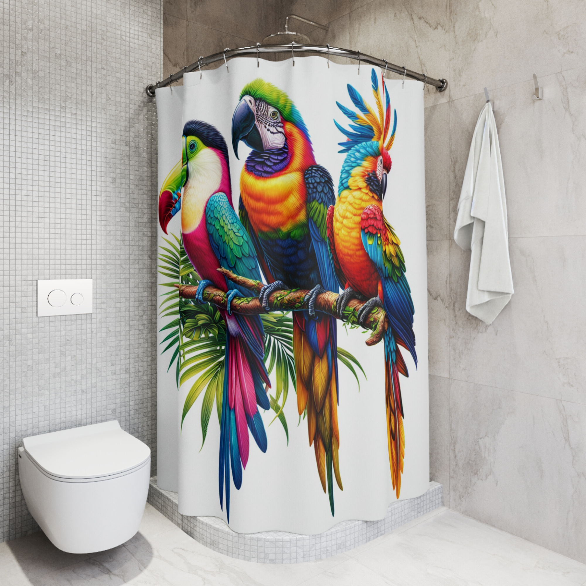 Tropical Parrot Trio – Vibrant Exotic Bird Shower Curtain