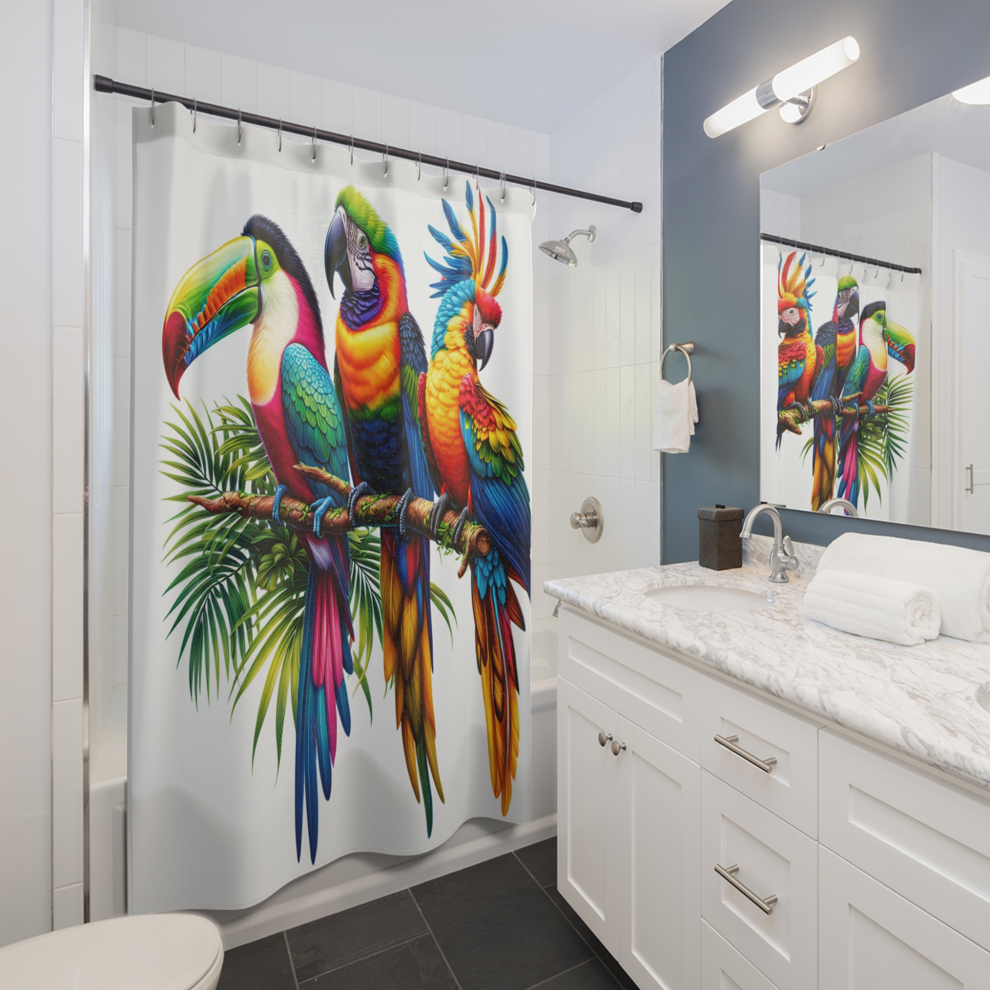 Tropical Parrot Trio – Vibrant Exotic Bird Shower Curtain