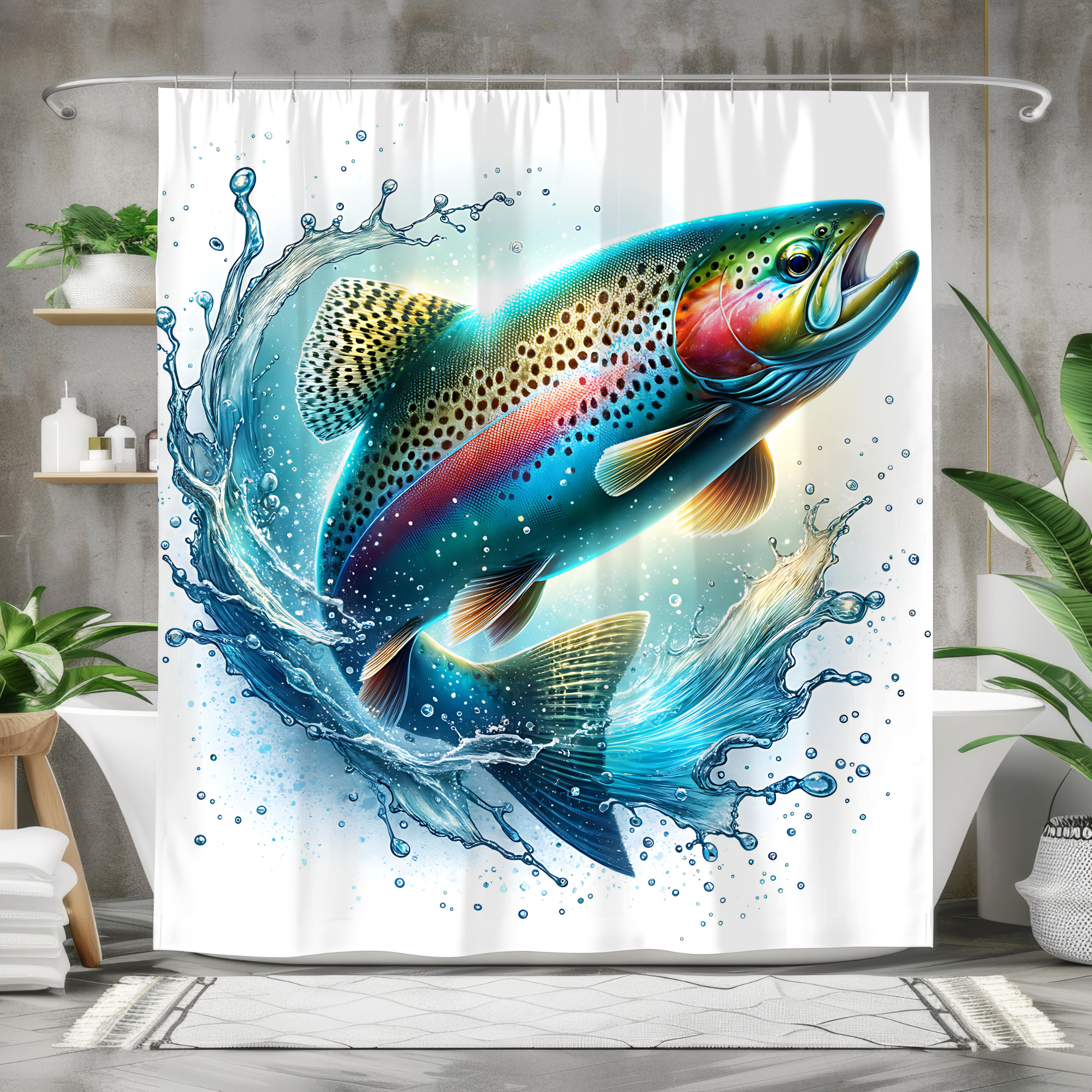 Rainbow Trout Splash – Bold Watercolor Fishing Shower Curtain