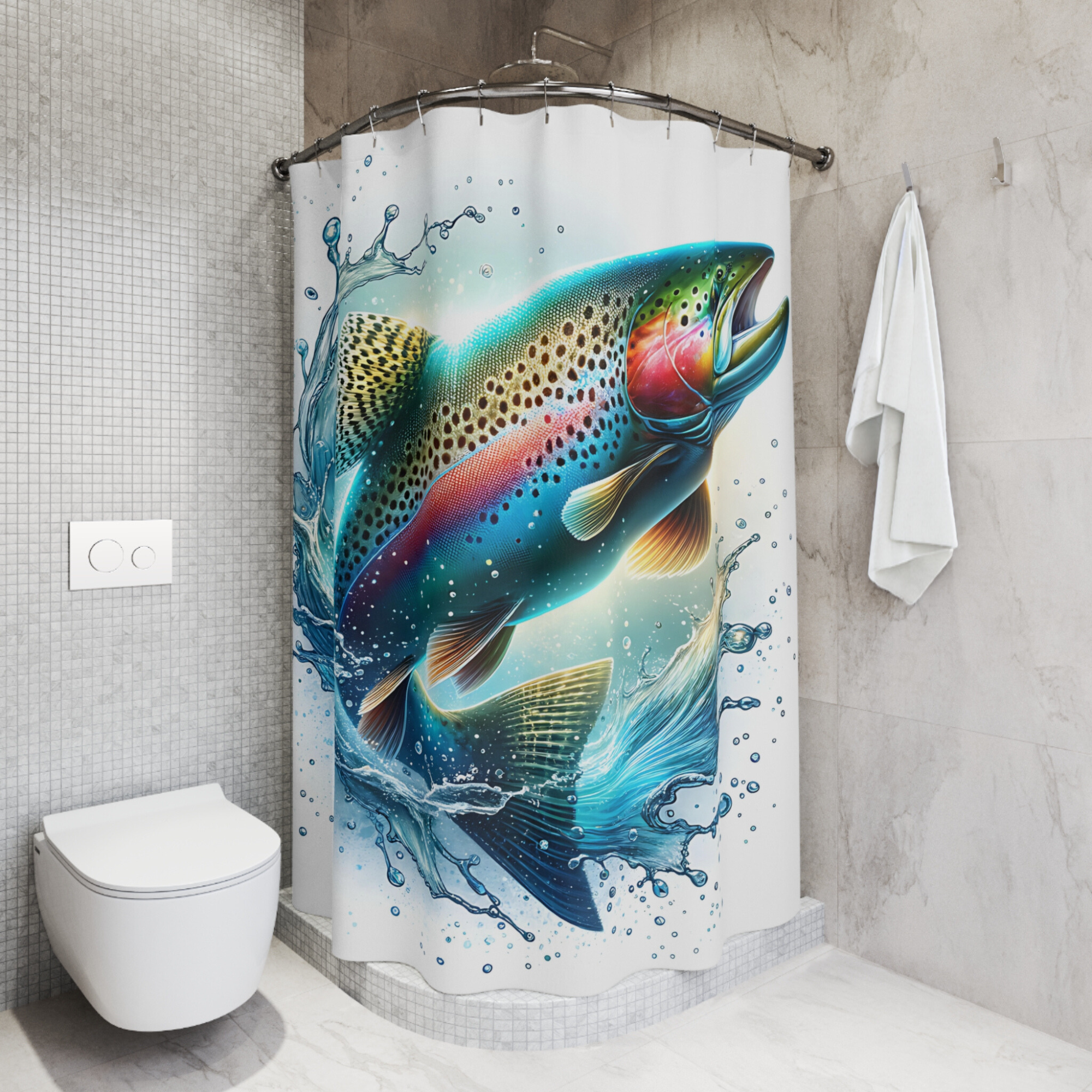 Rainbow Trout Splash – Bold Watercolor Fishing Shower Curtain
